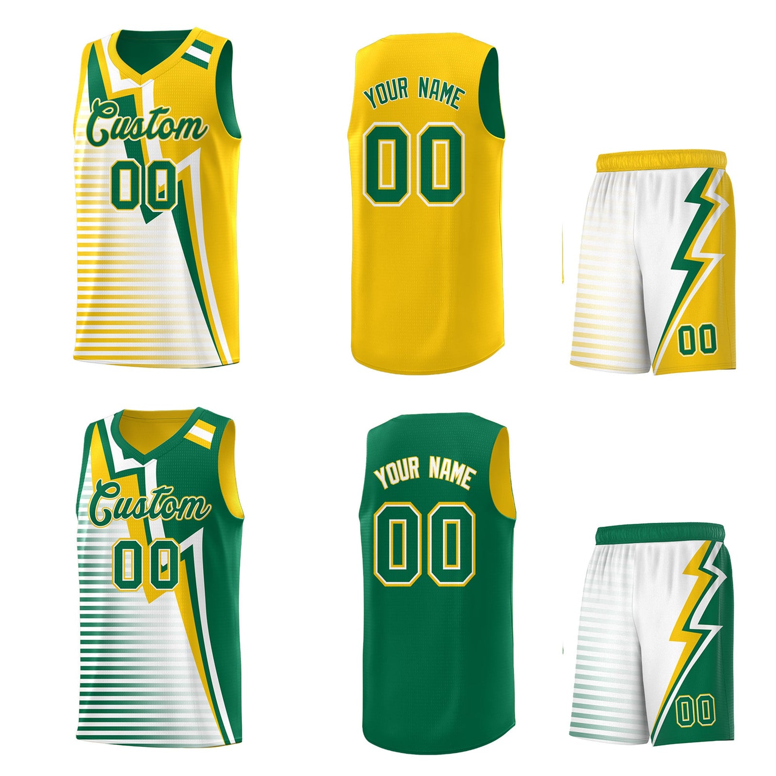 Custom Kelly Green Gold White Gradient Stripes Lightning Pattern Reversible Sets Basketball Jersey| KXKSHOP