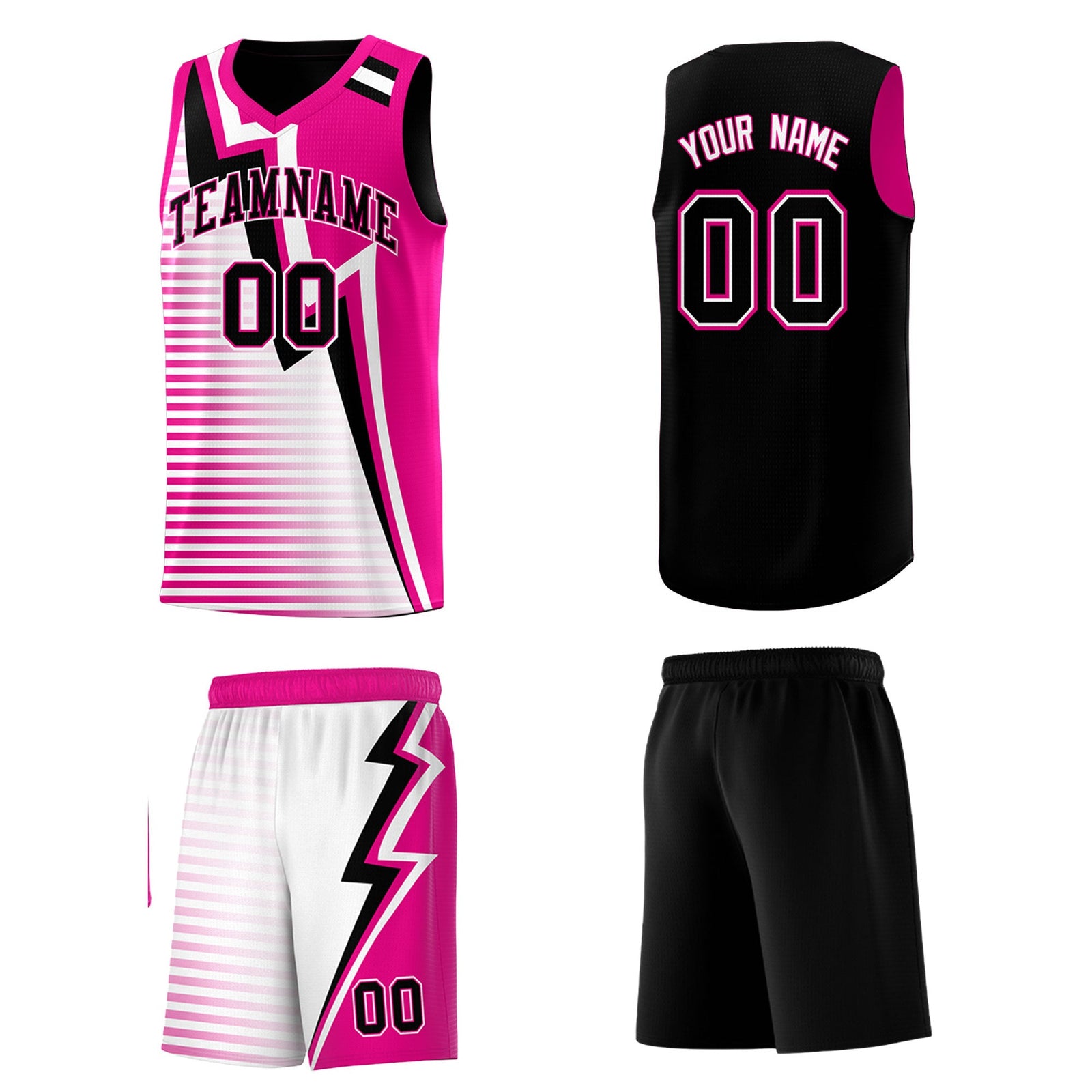 Custom Black Pink White Gradient Stripes Lightning Pattern Reversible Sets Basketball Jersey| KXKSHOP