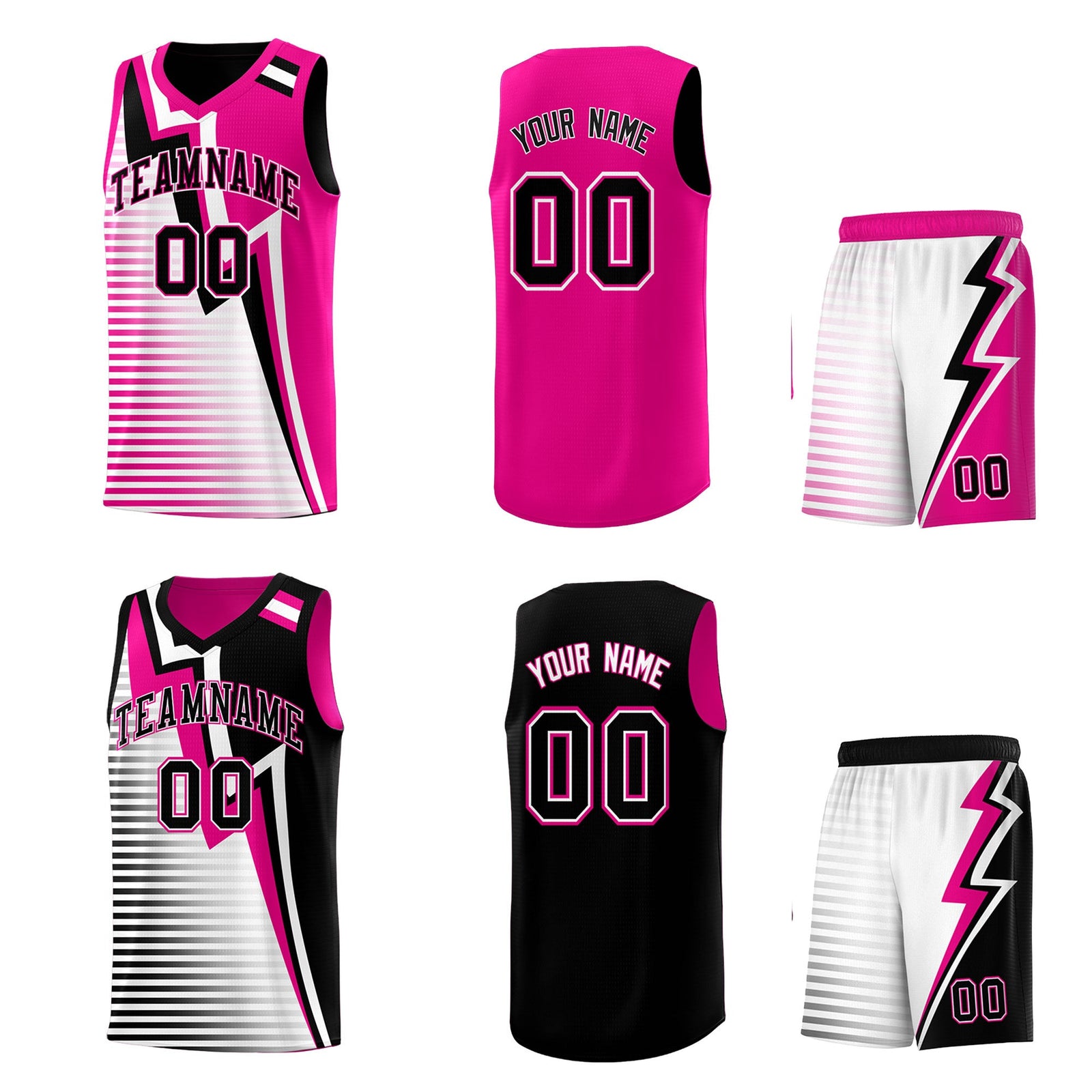 Custom Black Pink White Gradient Stripes Lightning Pattern Reversible Sets Basketball Jersey| KXKSHOP