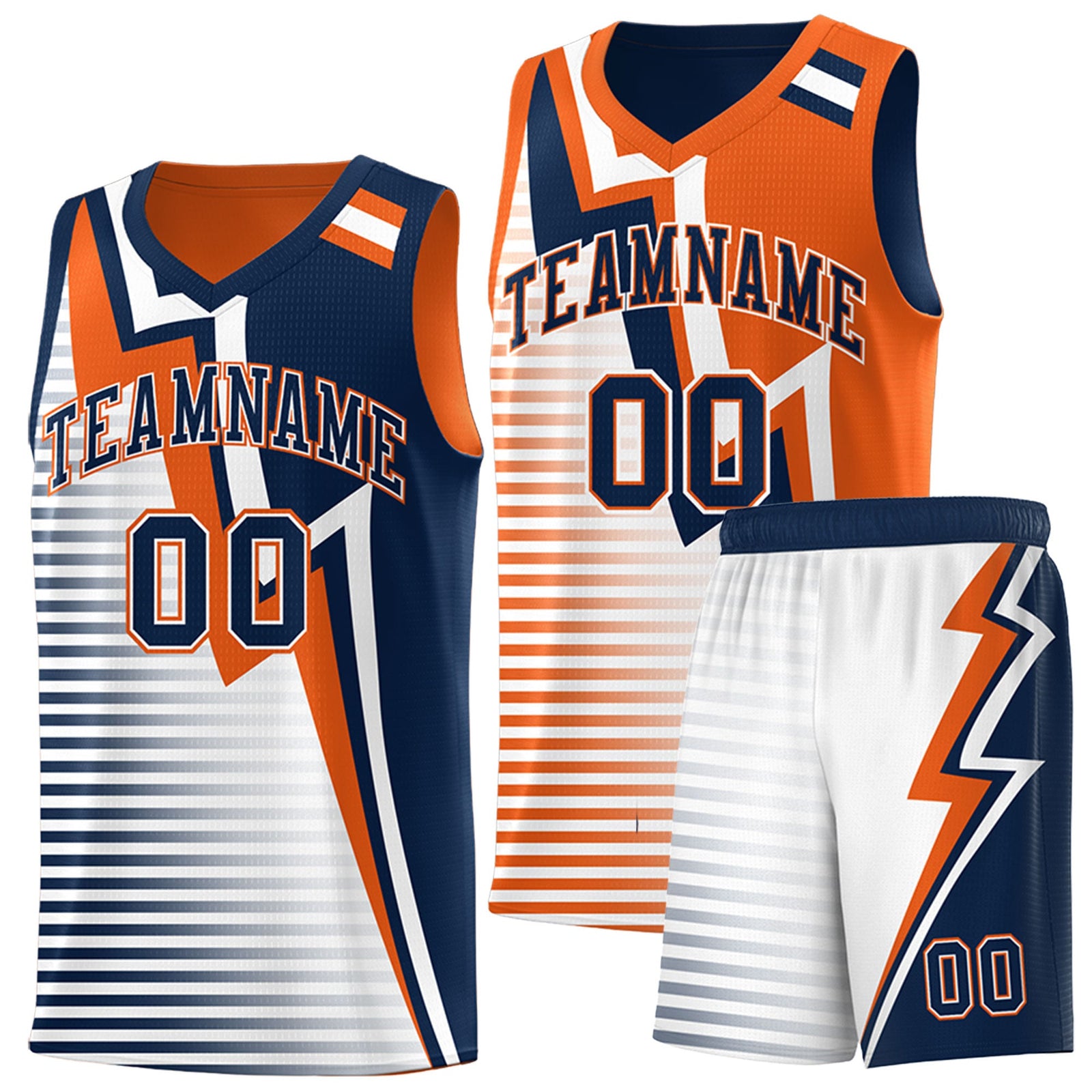 Custom Navy Orange White Gradient Stripes Lightning Pattern Reversible Sets Basketball Jersey| KXKSHOP
