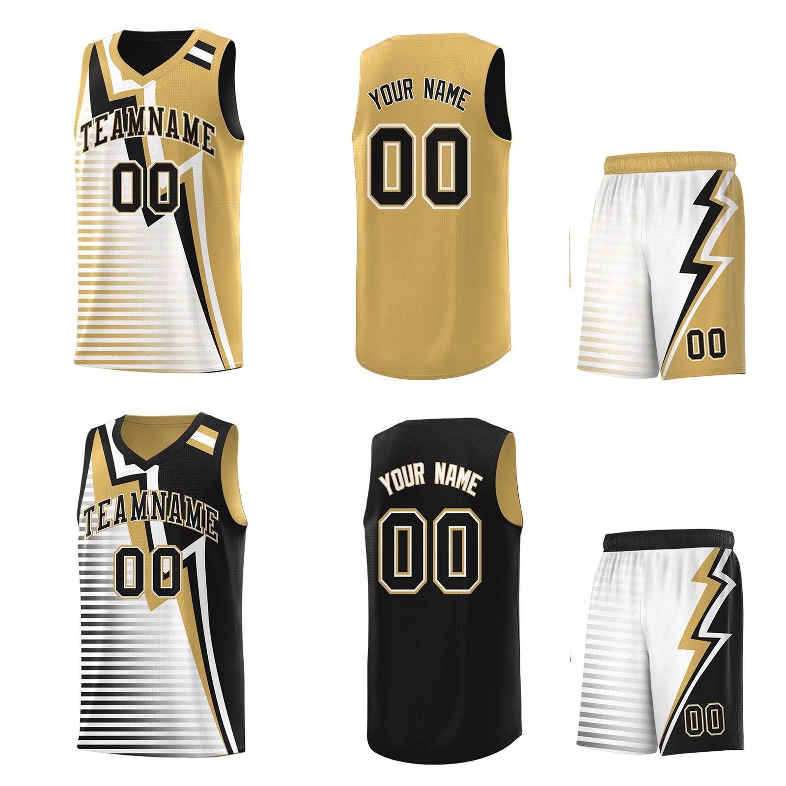 Custom Black Old Gold White Gradient Stripes Lightning Pattern Reversible Sets Basketball Jersey| KXKSHOP