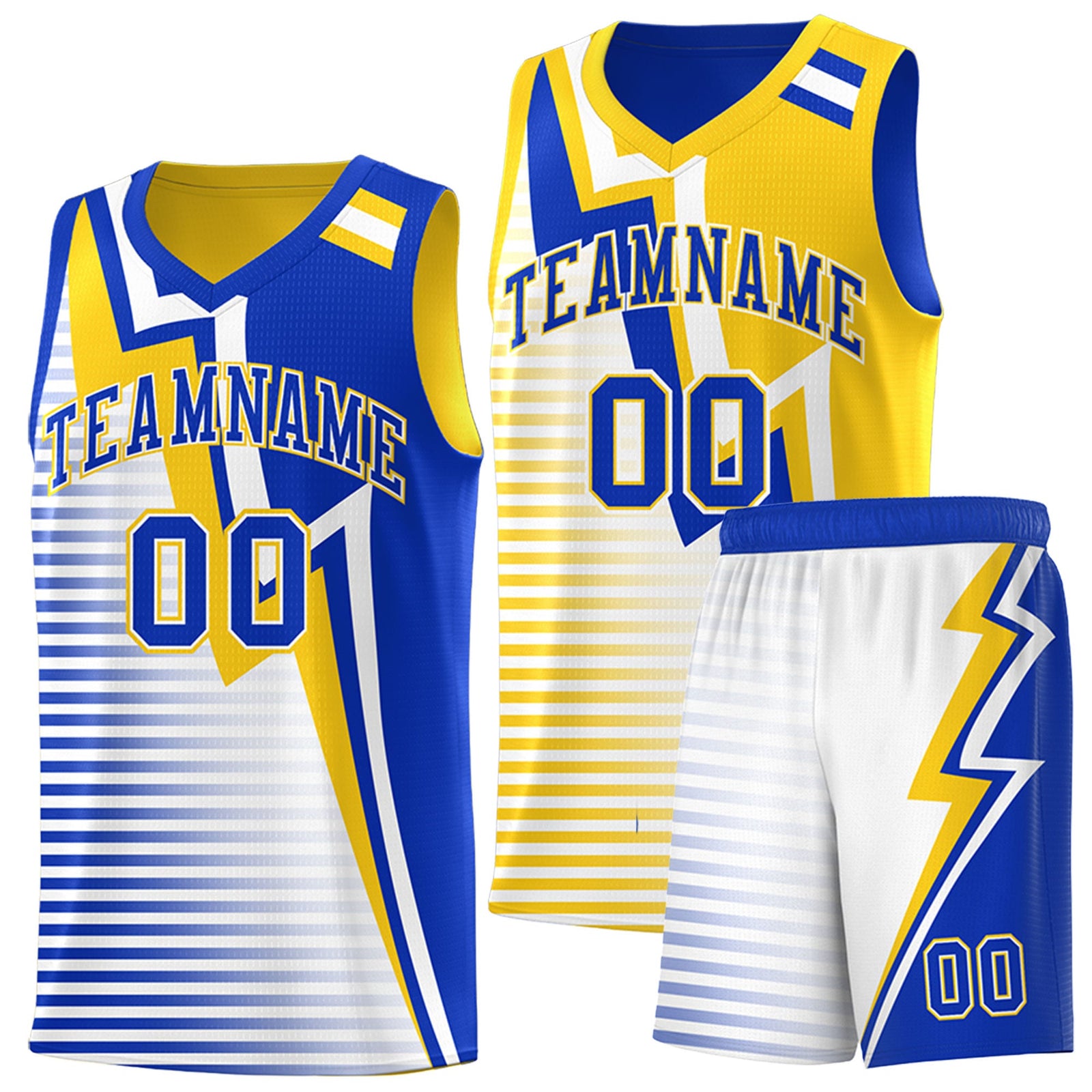 Custom Royal Blue Gold White Gradient Stripes Lightning Pattern Reversible Sets Basketball Jersey| KXKSHOP