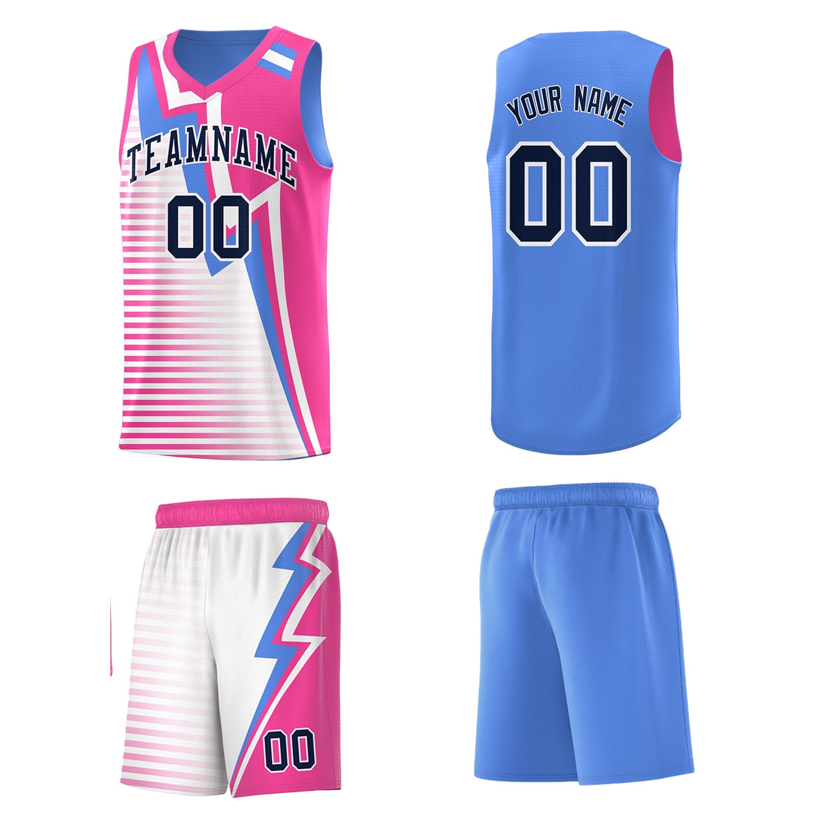 Custom Powder Blue Pink White Gradient Stripes Lightning Pattern Reversible Sets Basketball Jersey| KXKSHOP