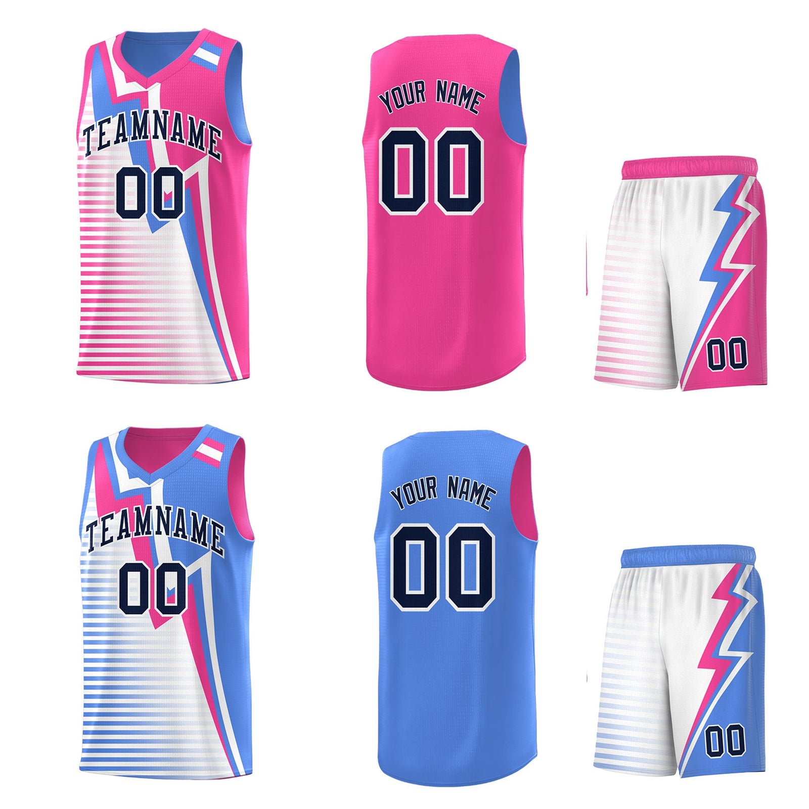 Custom Powder Blue Pink White Gradient Stripes Lightning Pattern Reversible Sets Basketball Jersey| KXKSHOP