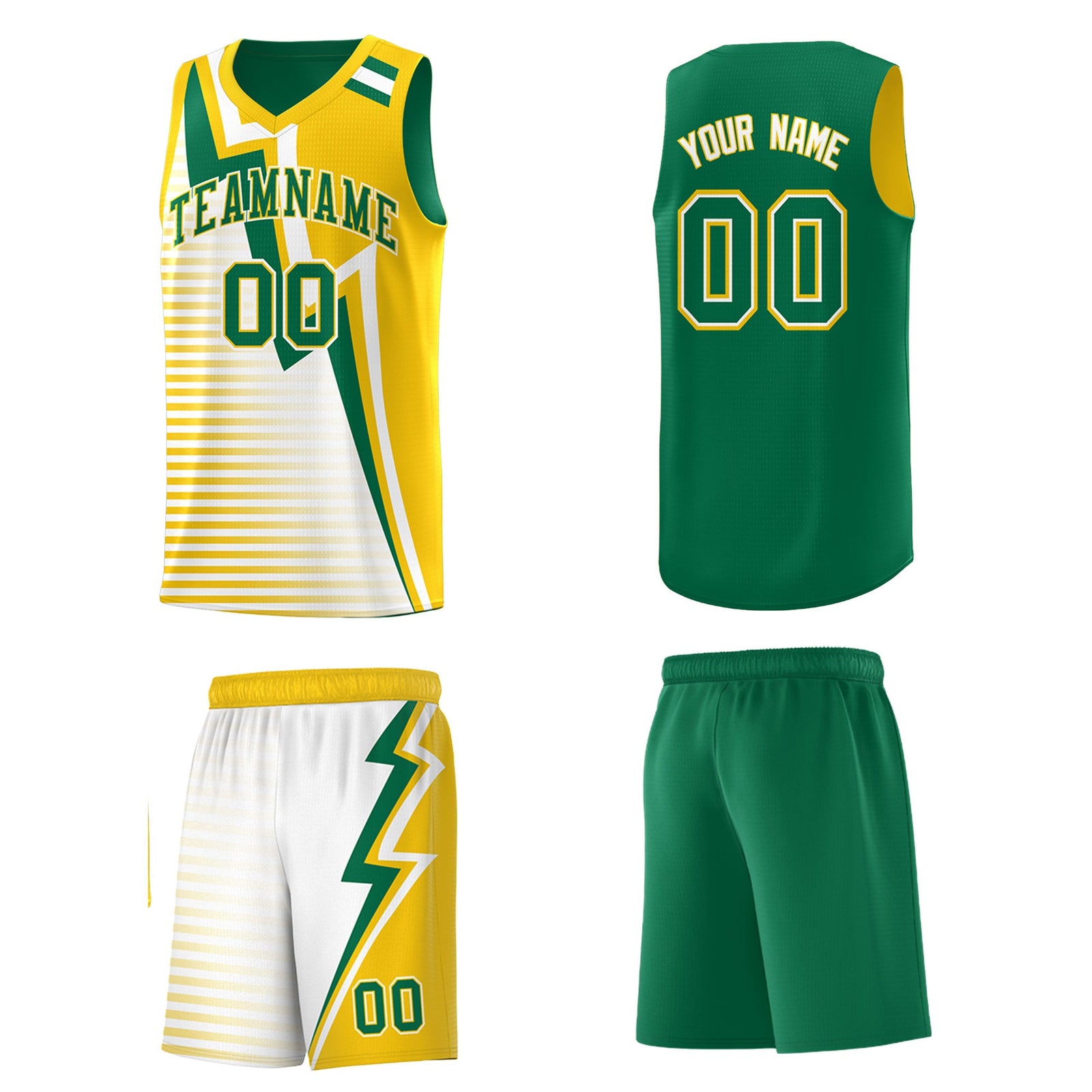 Custom Kelly Green Gold White Gradient Stripes Lightning Pattern Reversible Sets Basketball Jersey| KXKSHOP