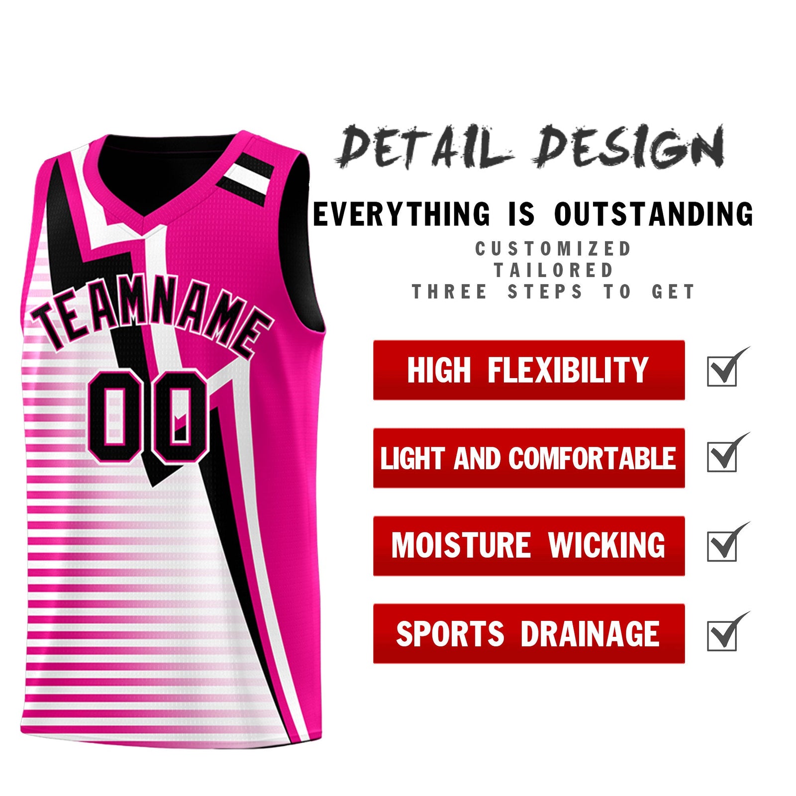Custom Black Pink White Gradient Stripes Lightning Pattern Reversible Sets Basketball Jersey| KXKSHOP