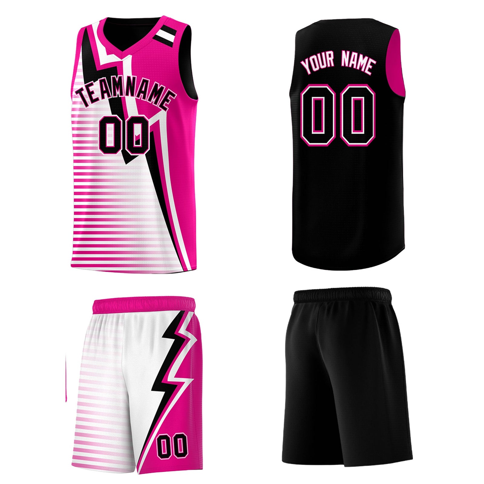 Custom Black Pink White Gradient Stripes Lightning Pattern Reversible Sets Basketball Jersey| KXKSHOP