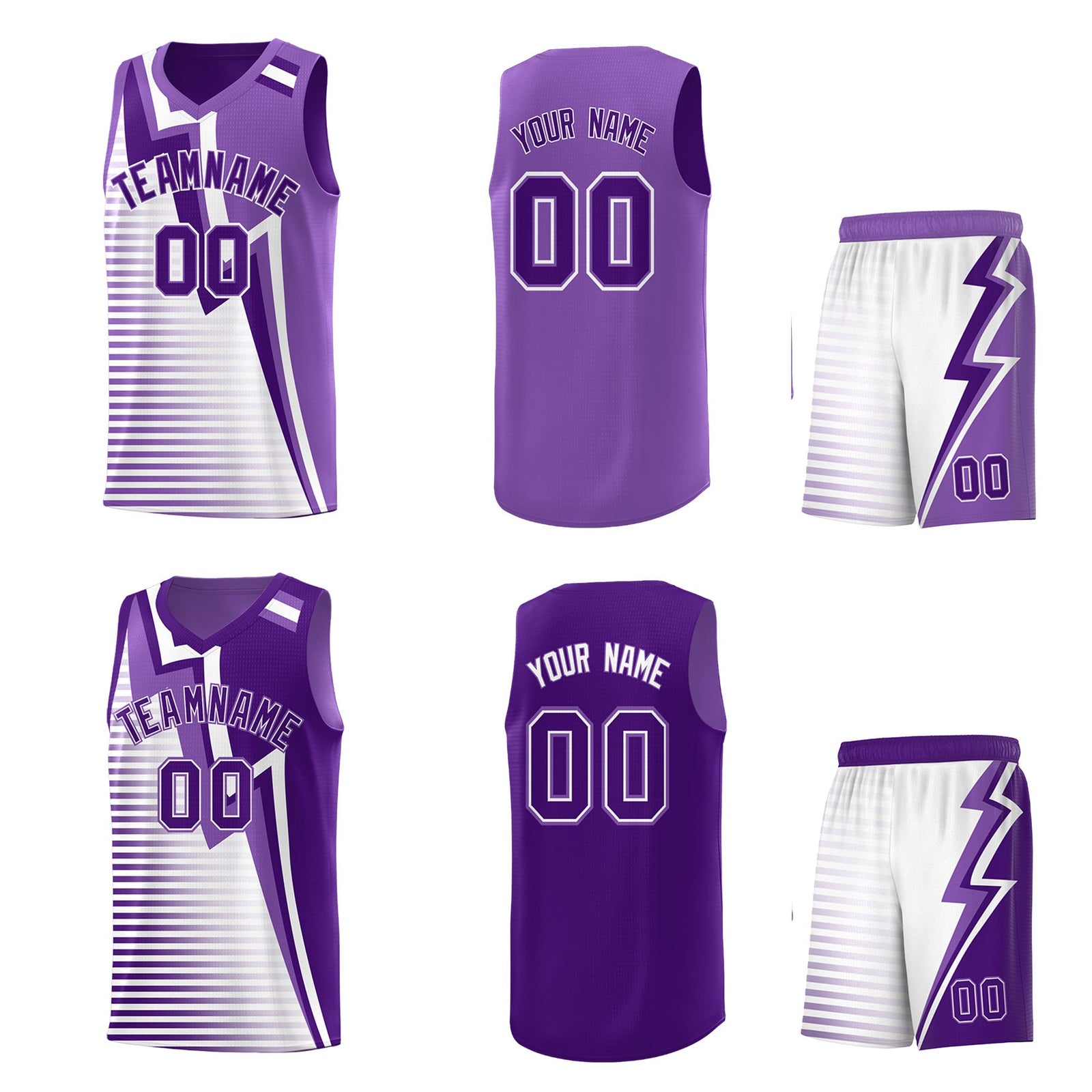 Custom Purple Light Purple White Gradient Stripes Lightning Pattern Reversible Sets Basketball Jersey| KXKSHOP