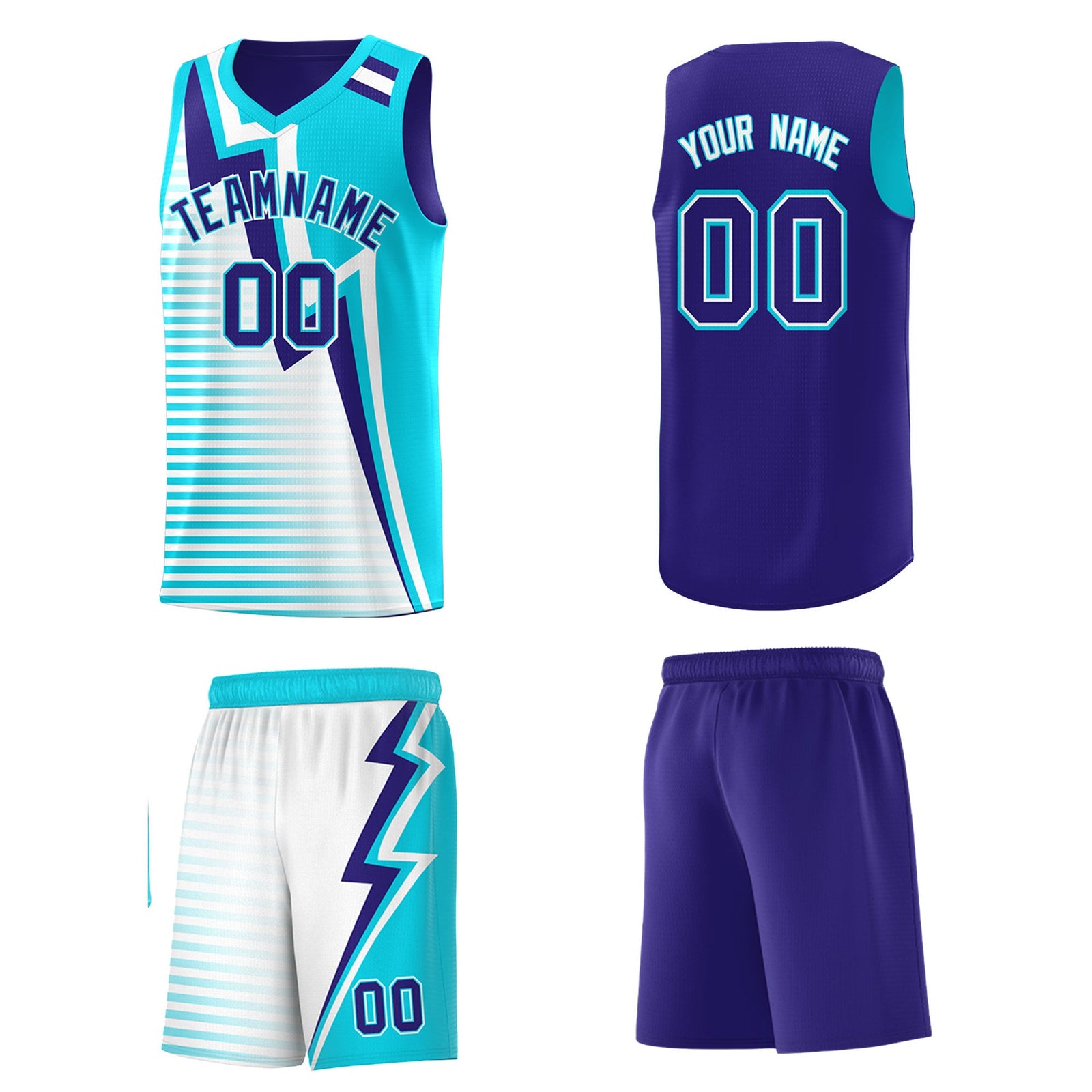 Custom Sky Blue Royal White Gradient Stripes Lightning Pattern Reversible Sets Basketball Jersey| KXKSHOP