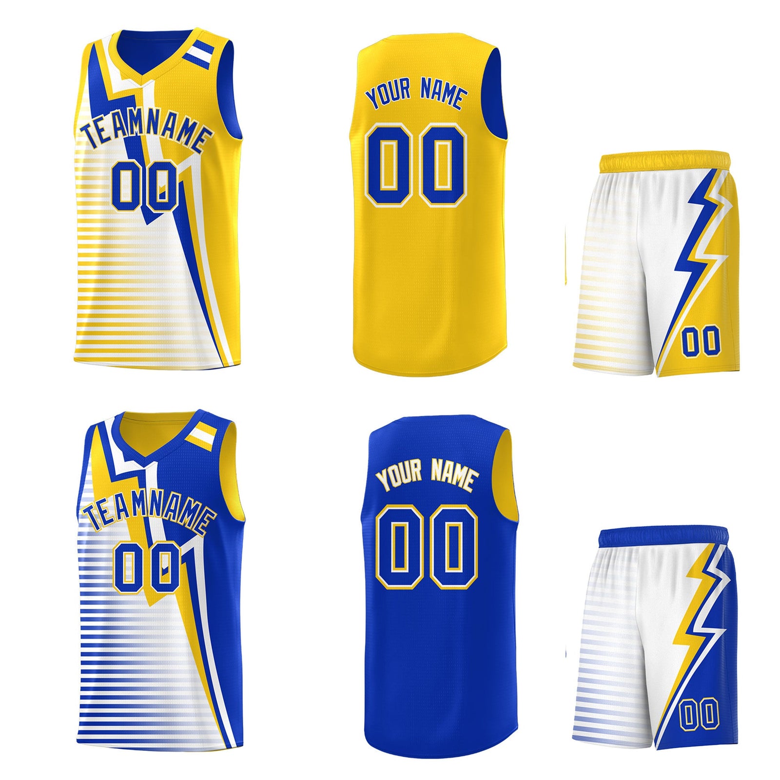 Custom Royal Blue Gold White Gradient Stripes Lightning Pattern Reversible Sets Basketball Jersey| KXKSHOP
