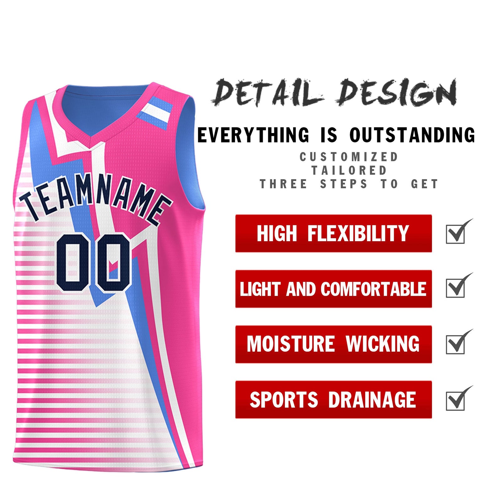 Custom Powder Blue Pink White Gradient Stripes Lightning Pattern Reversible Sets Basketball Jersey| KXKSHOP