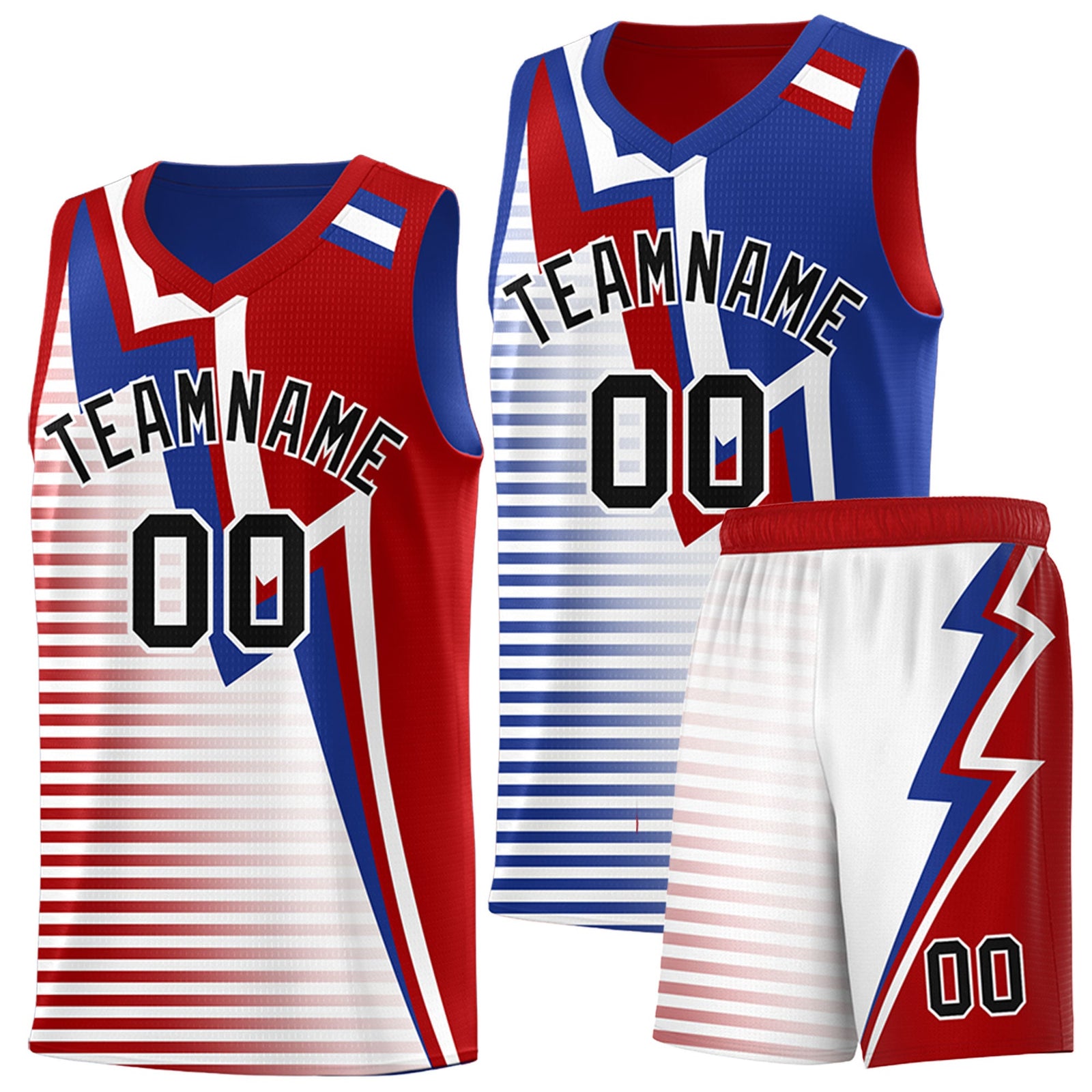 Custom Red Royal Blue White Gradient Stripes Lightning Pattern Reversible Sets Basketball Jersey| KXKSHOP
