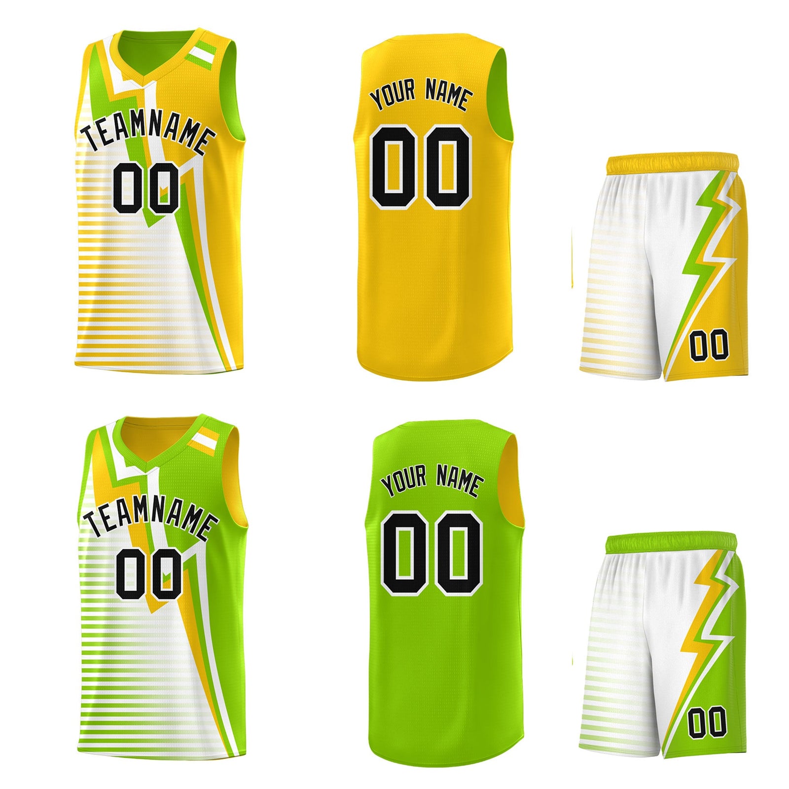 Custom Neon Green Gold White Gradient Stripes Lightning Pattern Reversible Sets Basketball Jersey| KXKSHOP