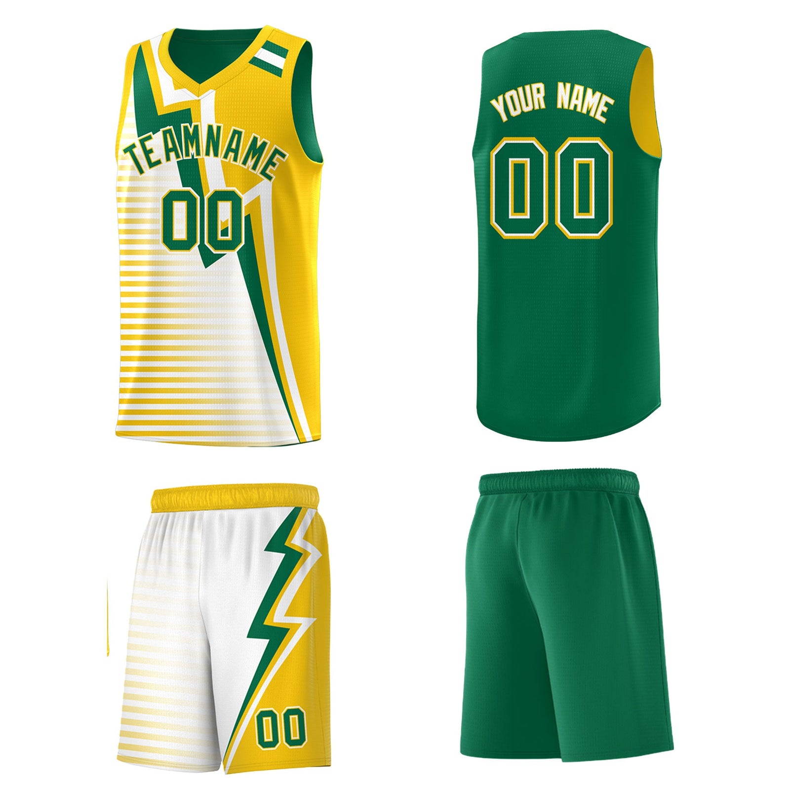 Custom Kelly Green Gold White Gradient Stripes Lightning Pattern Reversible Sets Basketball Jersey| KXKSHOP