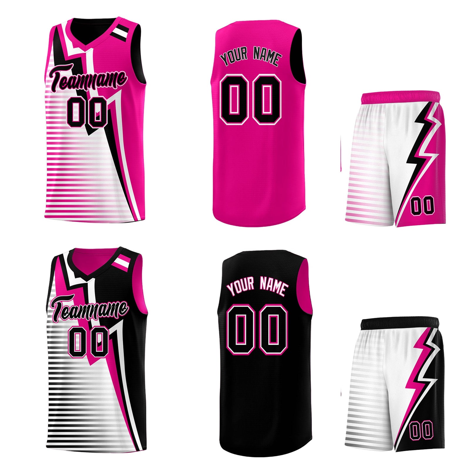 Custom Black Pink White Gradient Stripes Lightning Pattern Reversible Sets Basketball Jersey| KXKSHOP