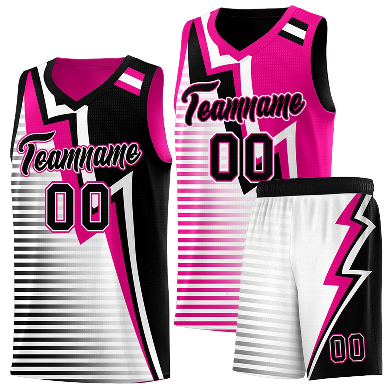 Custom Black Pink White Gradient Stripes Lightning Pattern Reversible Sets Basketball Jersey| KXKSHOP