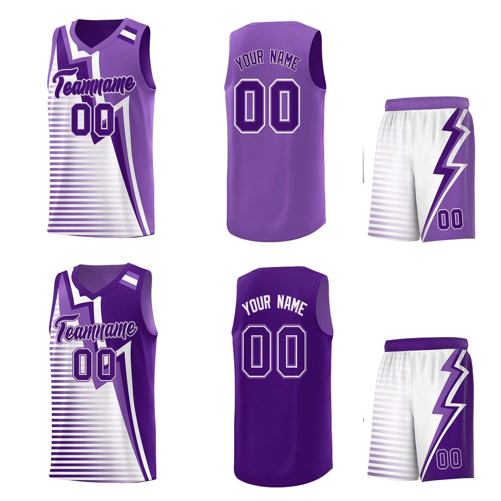 Custom Purple Light Purple White Gradient Stripes Lightning Pattern Reversible Sets Basketball Jersey| KXKSHOP