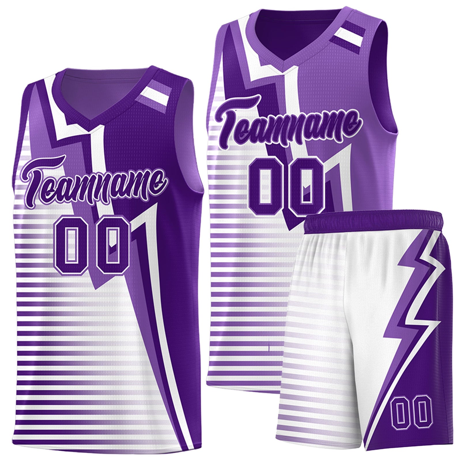 Custom Purple Light Purple White Gradient Stripes Lightning Pattern Reversible Sets Basketball Jersey| KXKSHOP