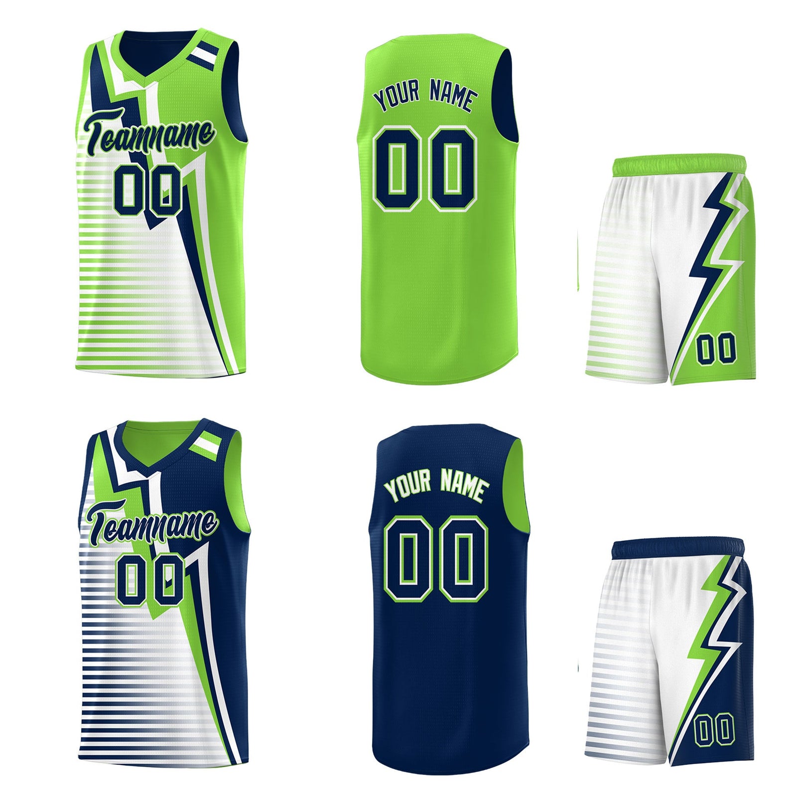 Custom Navy Fluorescent Green White Gradient Stripes Lightning Pattern Reversible Sets Basketball Jersey| KXKSHOP