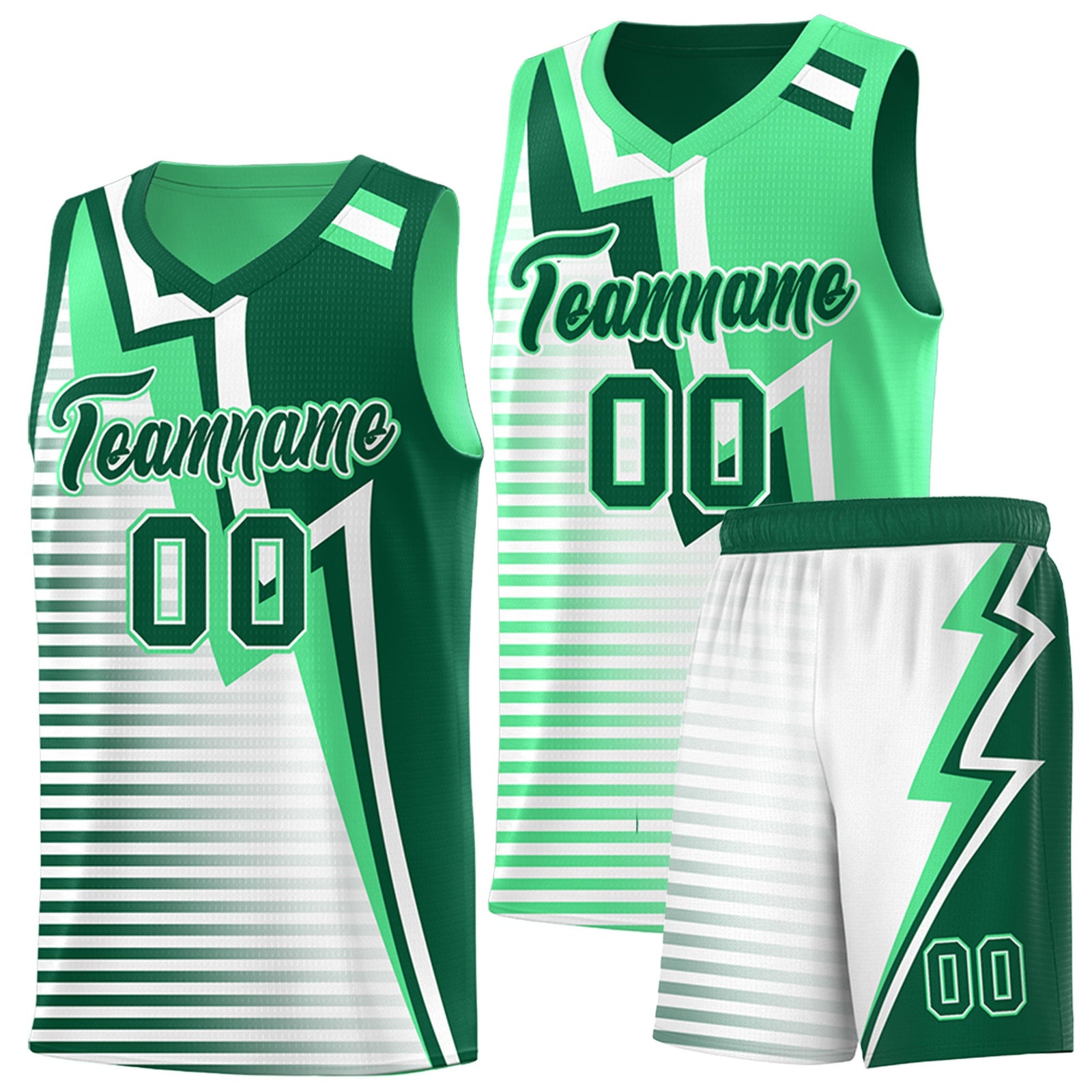 Custom Kelly Green Green White Gradient Stripes Lightning Pattern Reversible Sets Basketball Jersey| KXKSHOP