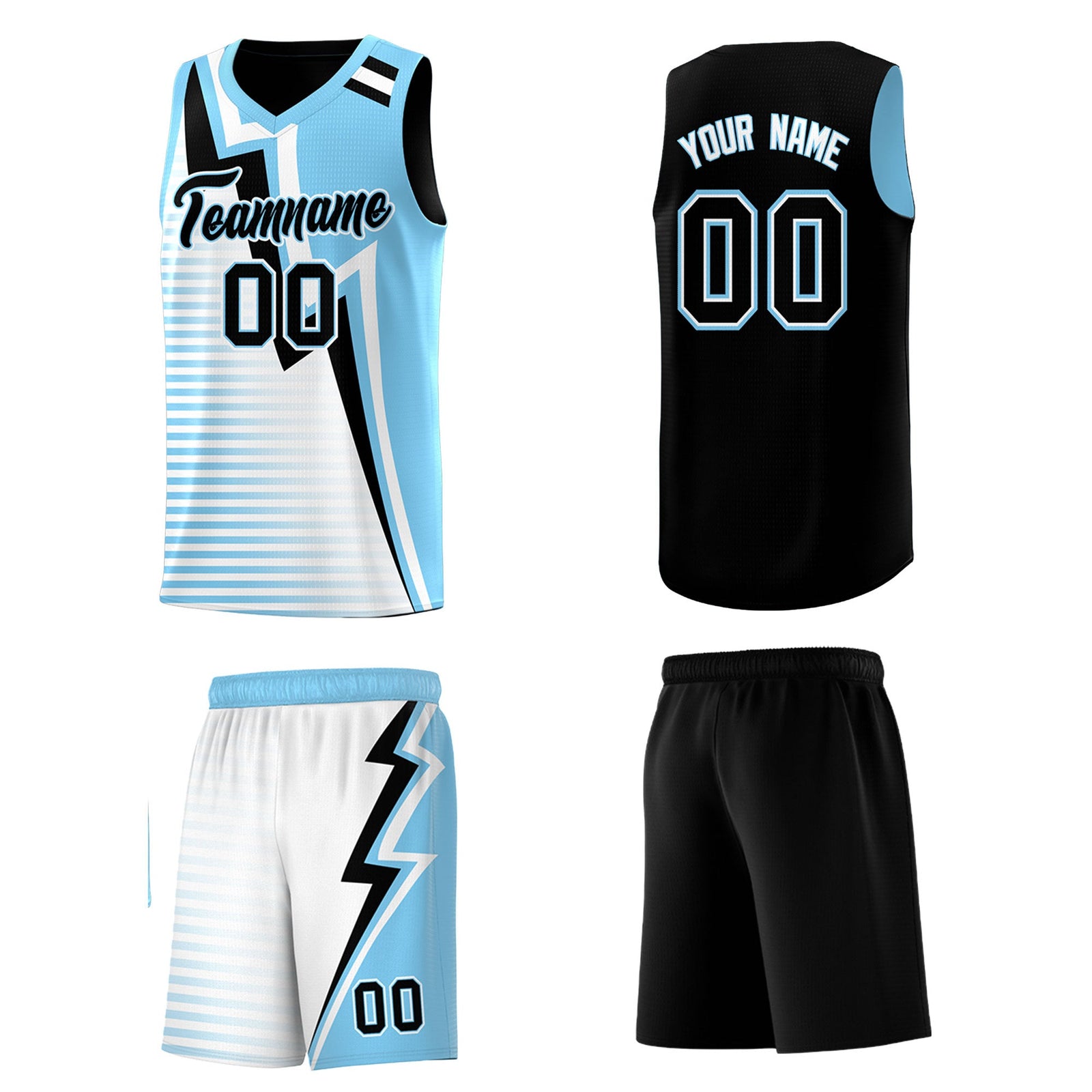 Custom Black Light Blue White Gradient Stripes Lightning Pattern Reversible Sets Basketball Jersey| KXKSHOP