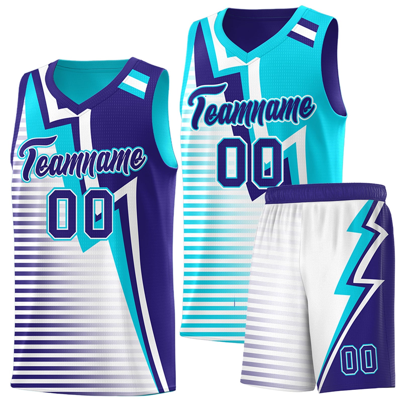 Custom Sky Blue Royal White Gradient Stripes Lightning Pattern Reversible Sets Basketball Jersey| KXKSHOP