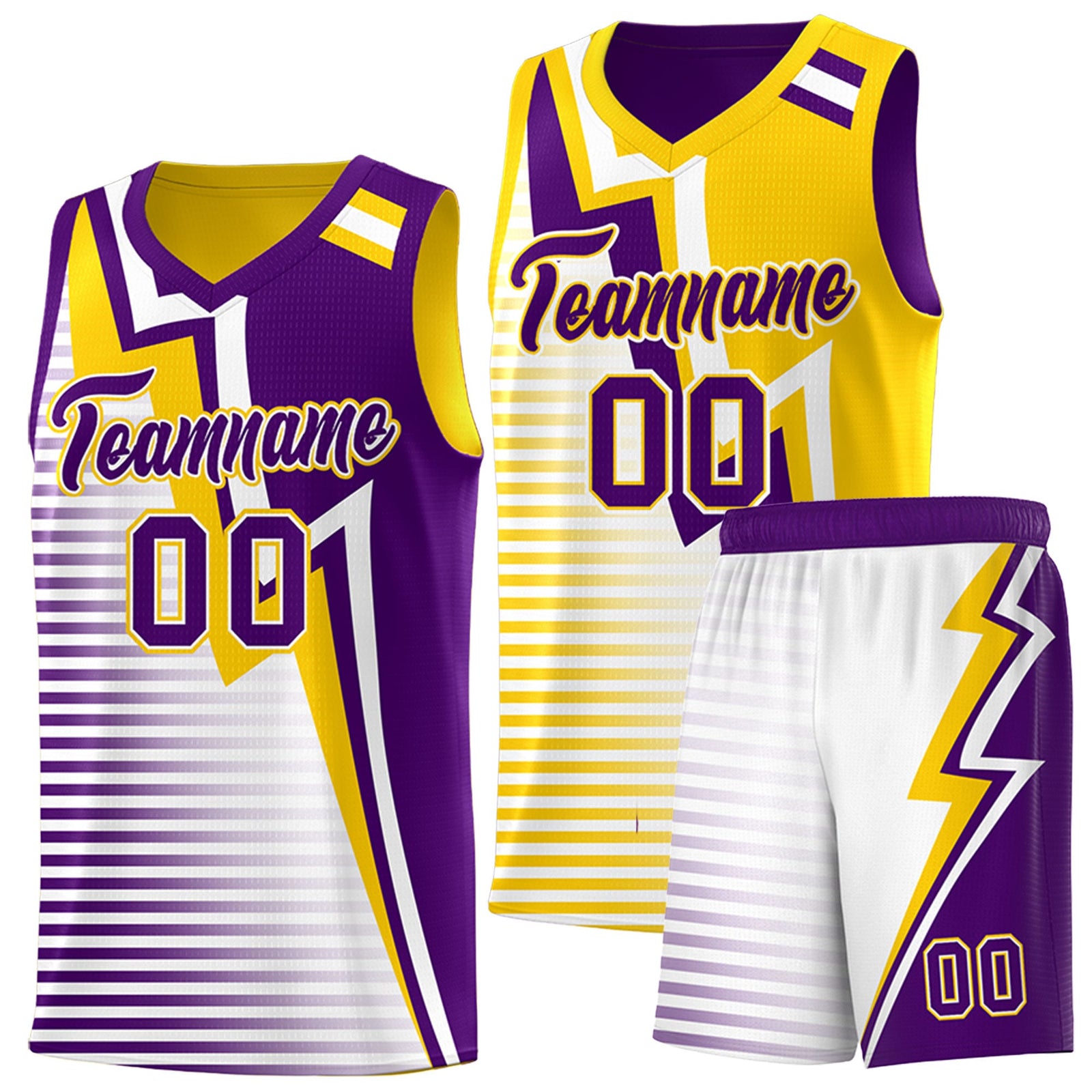 Custom Purple Gold White Gradient Stripes Lightning Pattern Reversible Sets Basketball Jersey| KXKSHOP