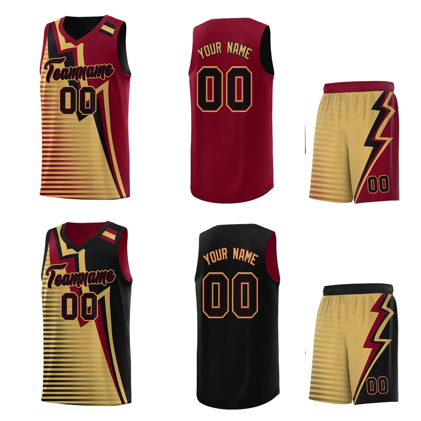 Custom Black Old Gold Crimson Gradient Stripes Lightning Pattern Reversible Sets Basketball Jersey| KXKSHOP