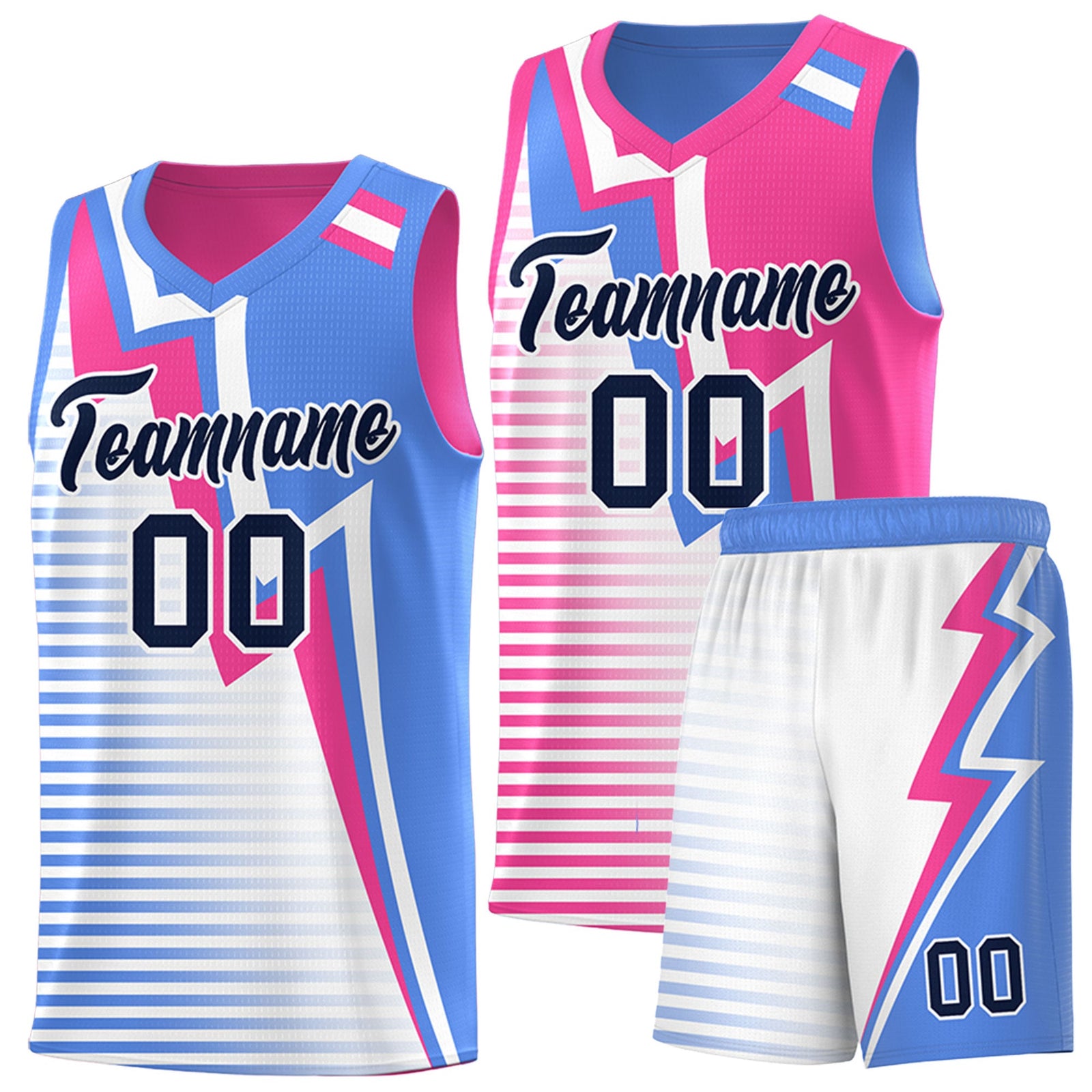 Custom Powder Blue Pink White Gradient Stripes Lightning Pattern Reversible Sets Basketball Jersey| KXKSHOP