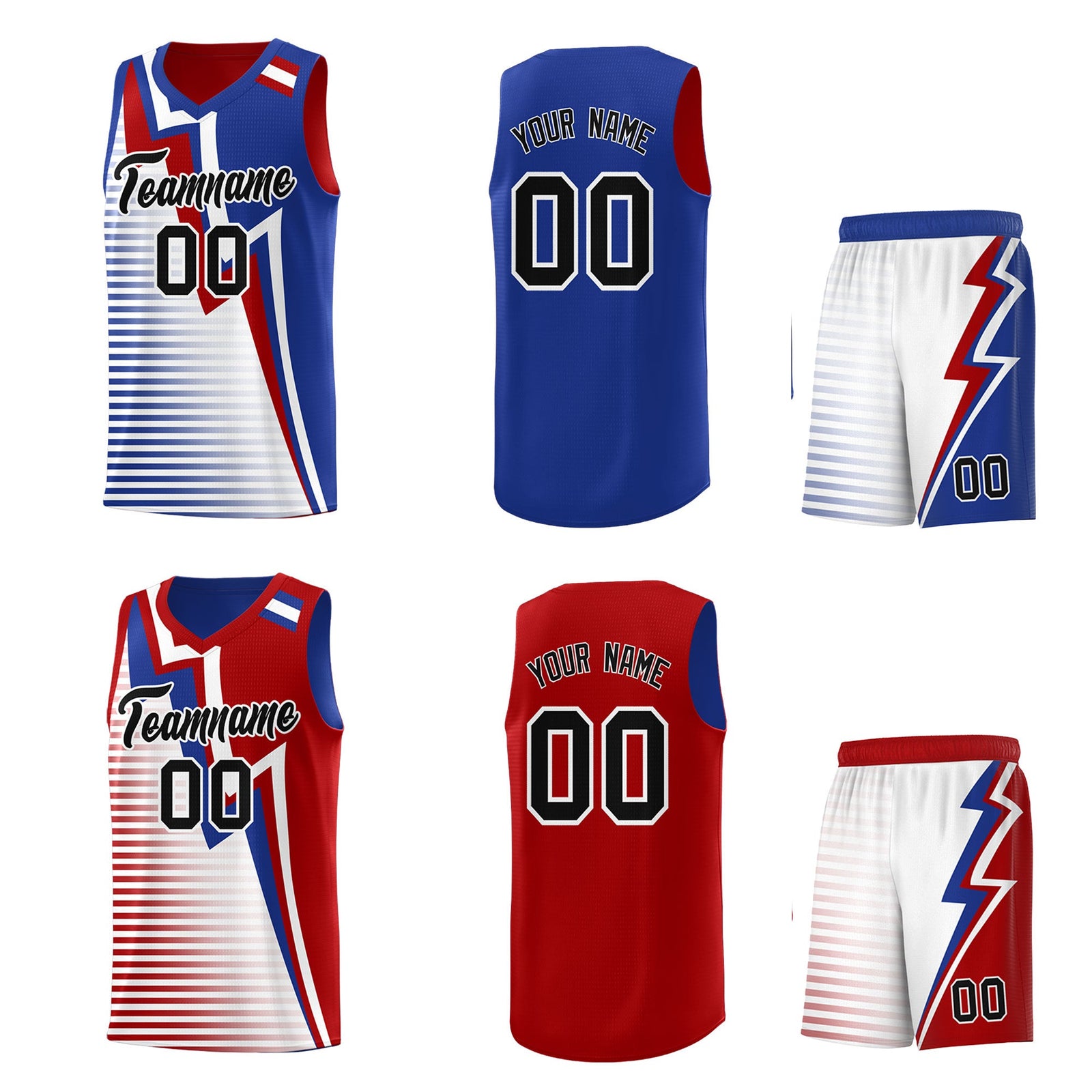 Custom Red Royal Blue White Gradient Stripes Lightning Pattern Reversible Sets Basketball Jersey| KXKSHOP