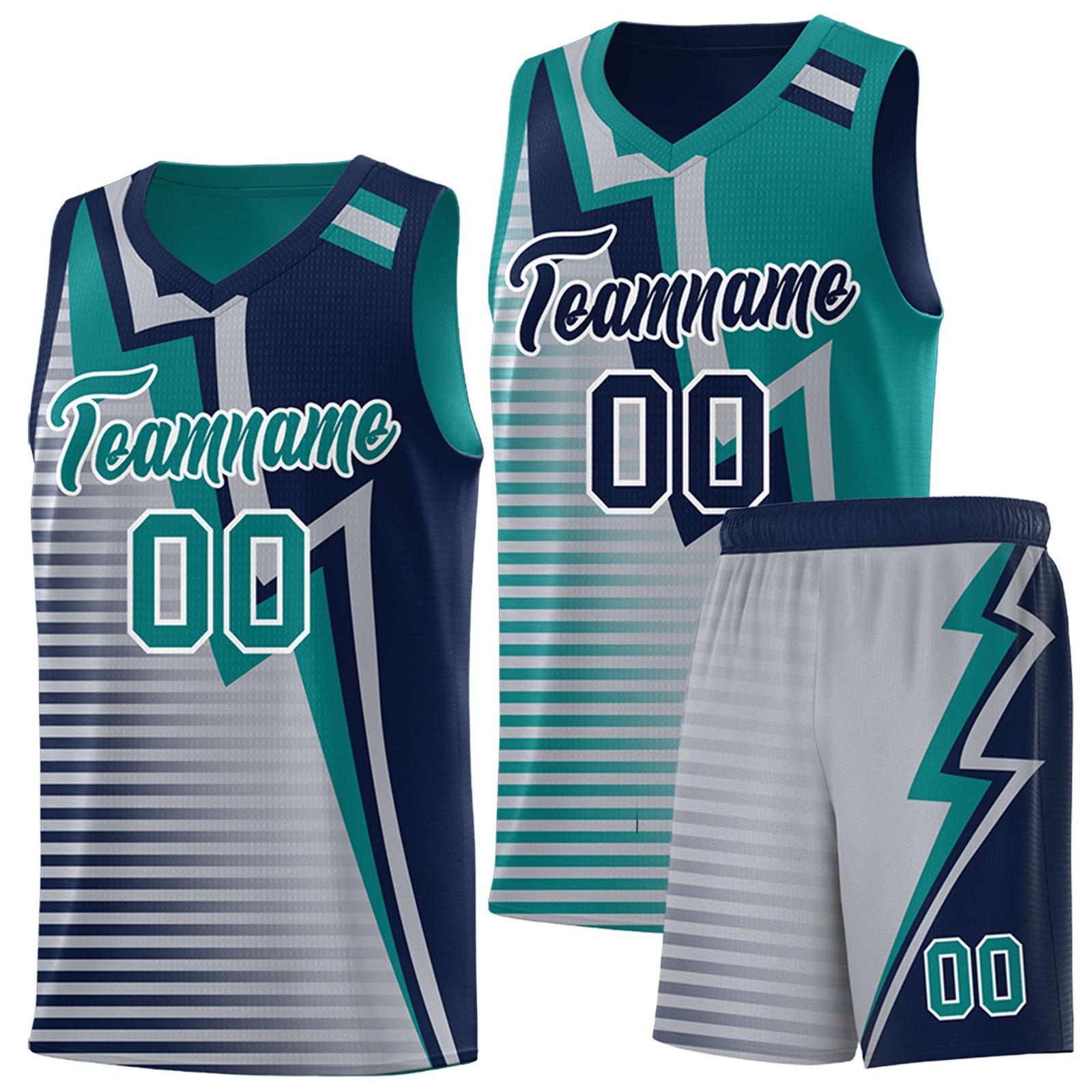 Custom Navy Teal Gray Gradient Stripes Lightning Pattern Reversible Sets Basketball Jersey| KXKSHOP