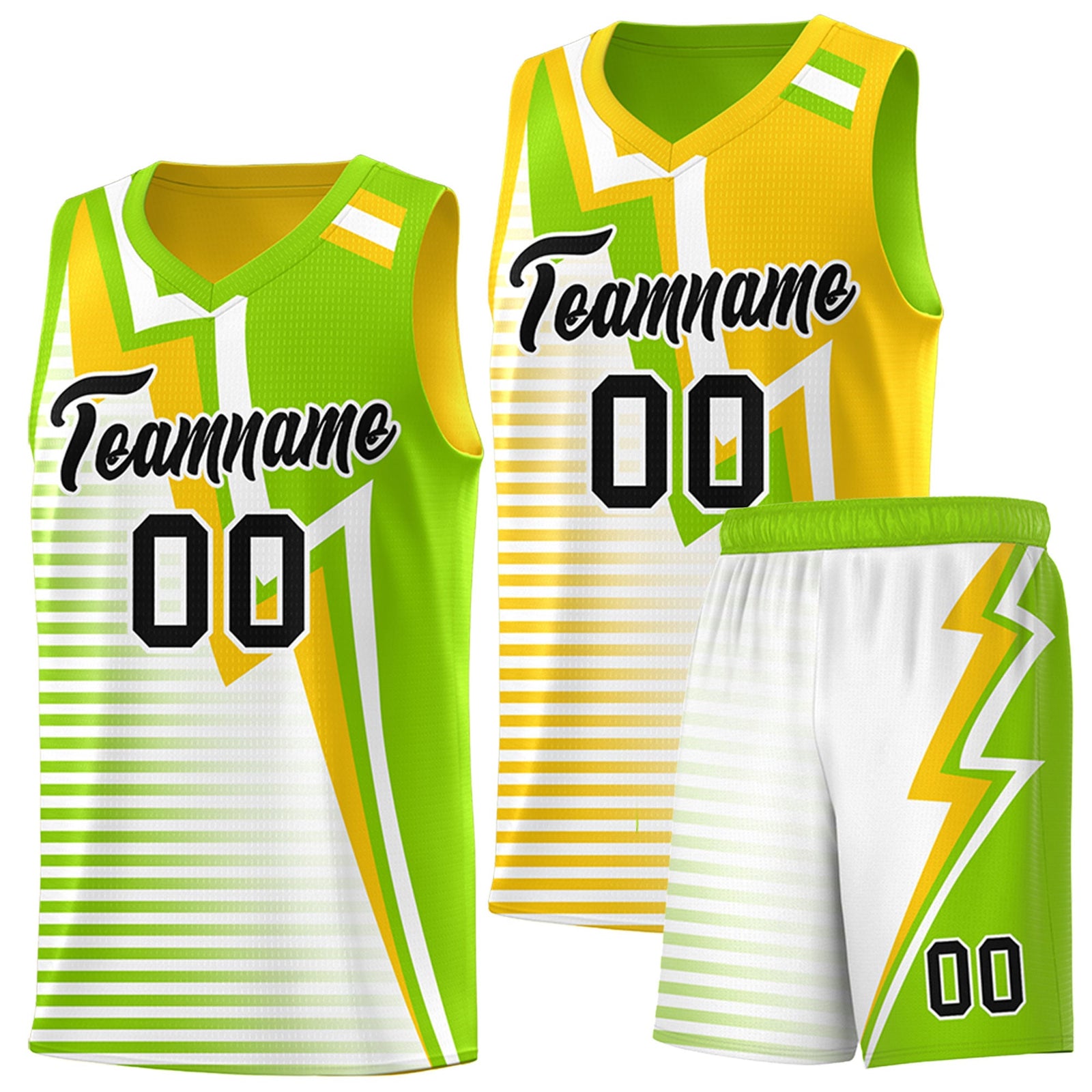 Custom Neon Green Gold White Gradient Stripes Lightning Pattern Reversible Sets Basketball Jersey| KXKSHOP