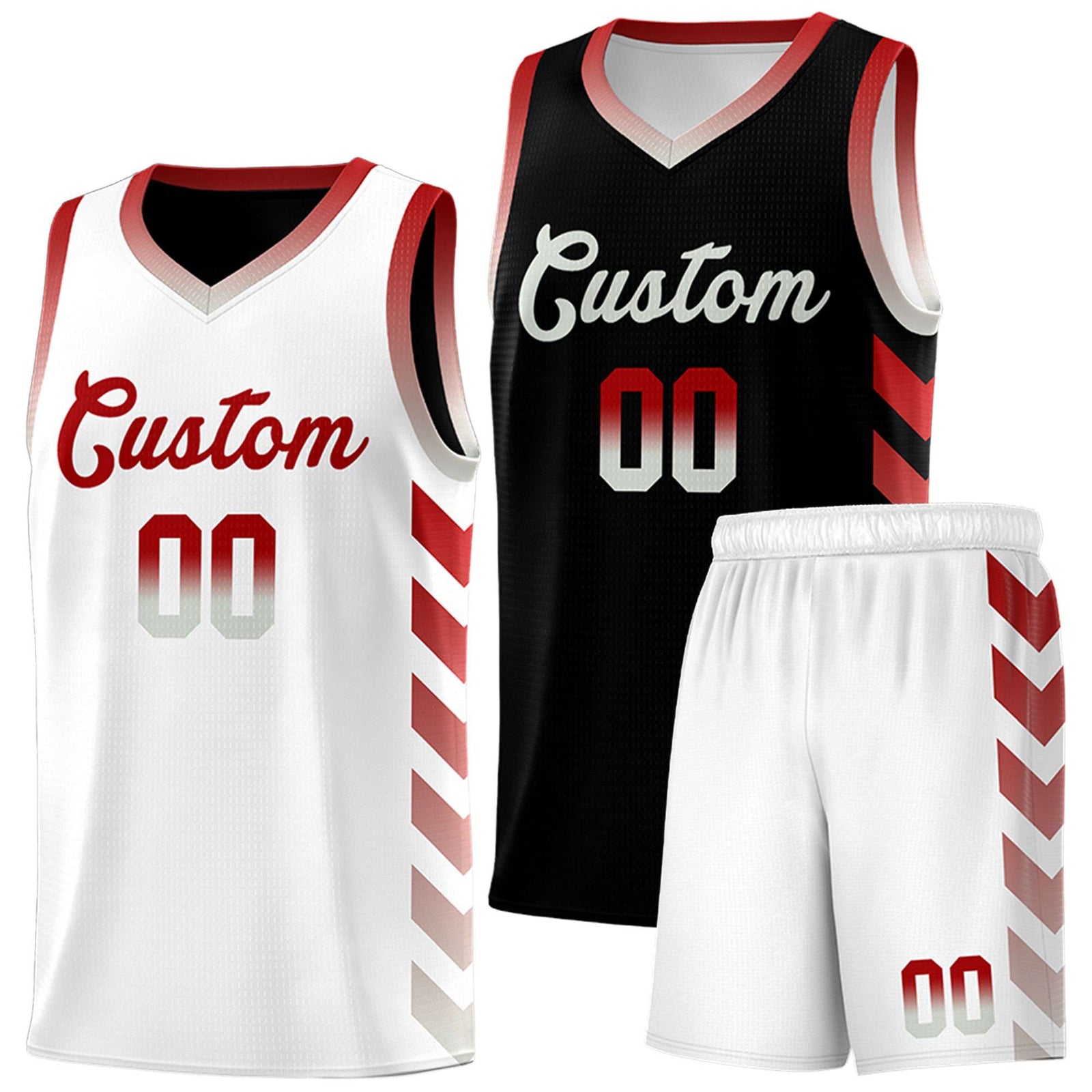 Custom White Black Reversible Basketball Jersey Kits - Side Arrow Red Gray Gradient