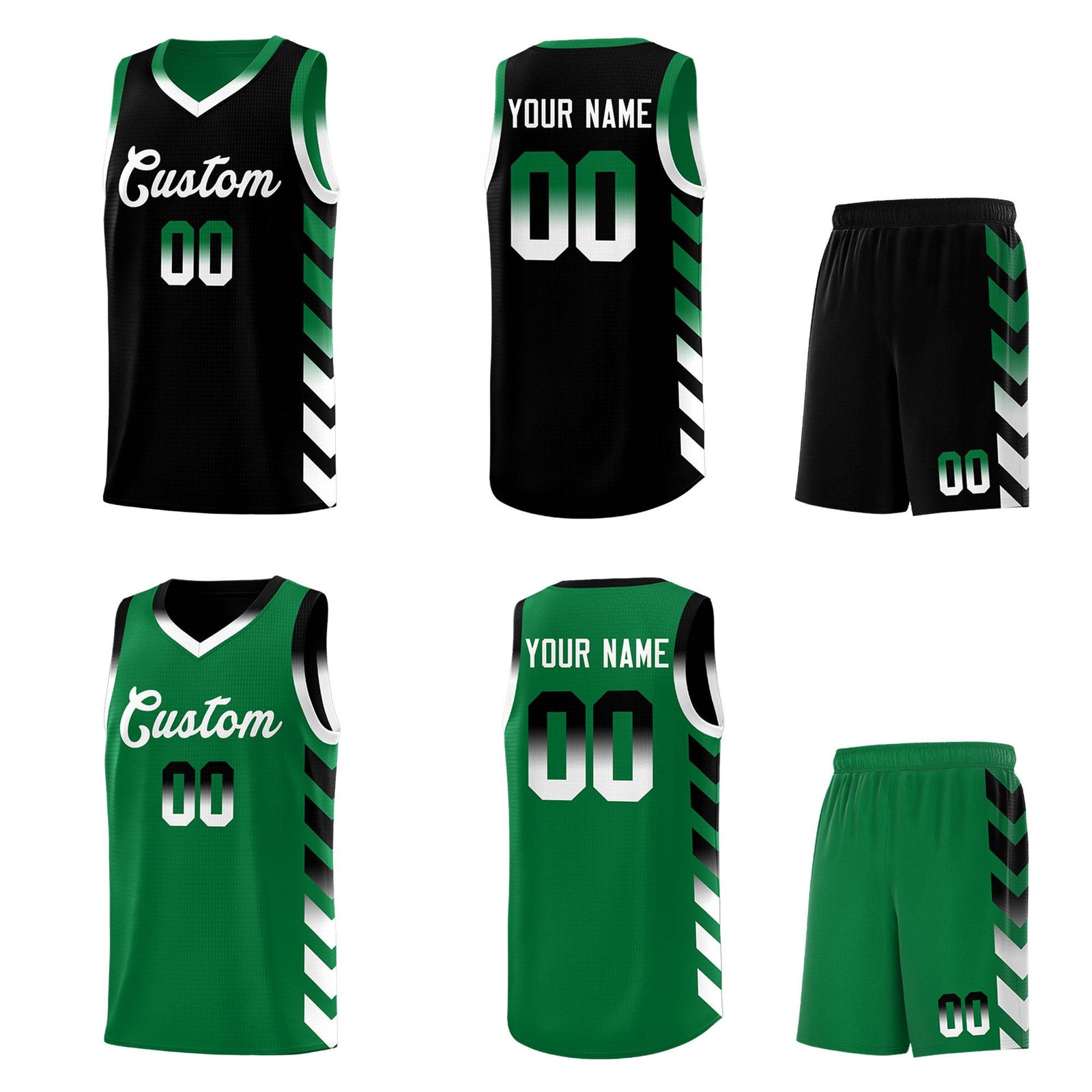 Custom Kelly Green Black Reversible Basketball Jersey Kits - Side Arrow Black White Gradient