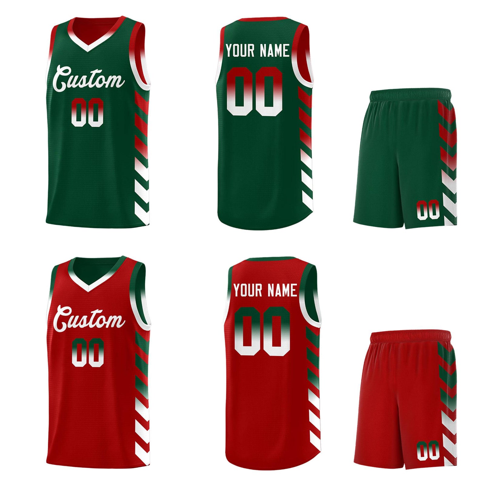 Custom Red Green Reversible Basketball Jersey Kits - Side Arrow Green White Gradient