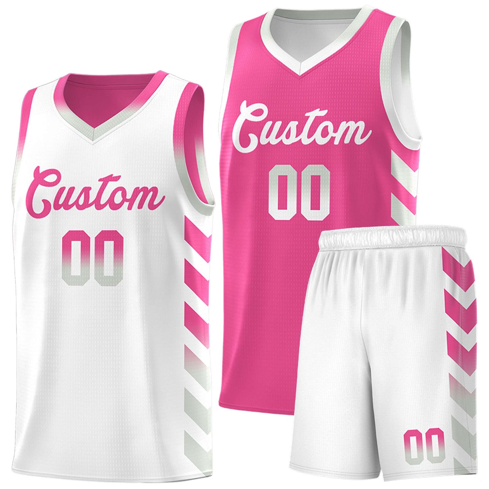 Custom White Pink Reversible Basketball Jersey Kits - Side Arrow Pink Gray Gradient