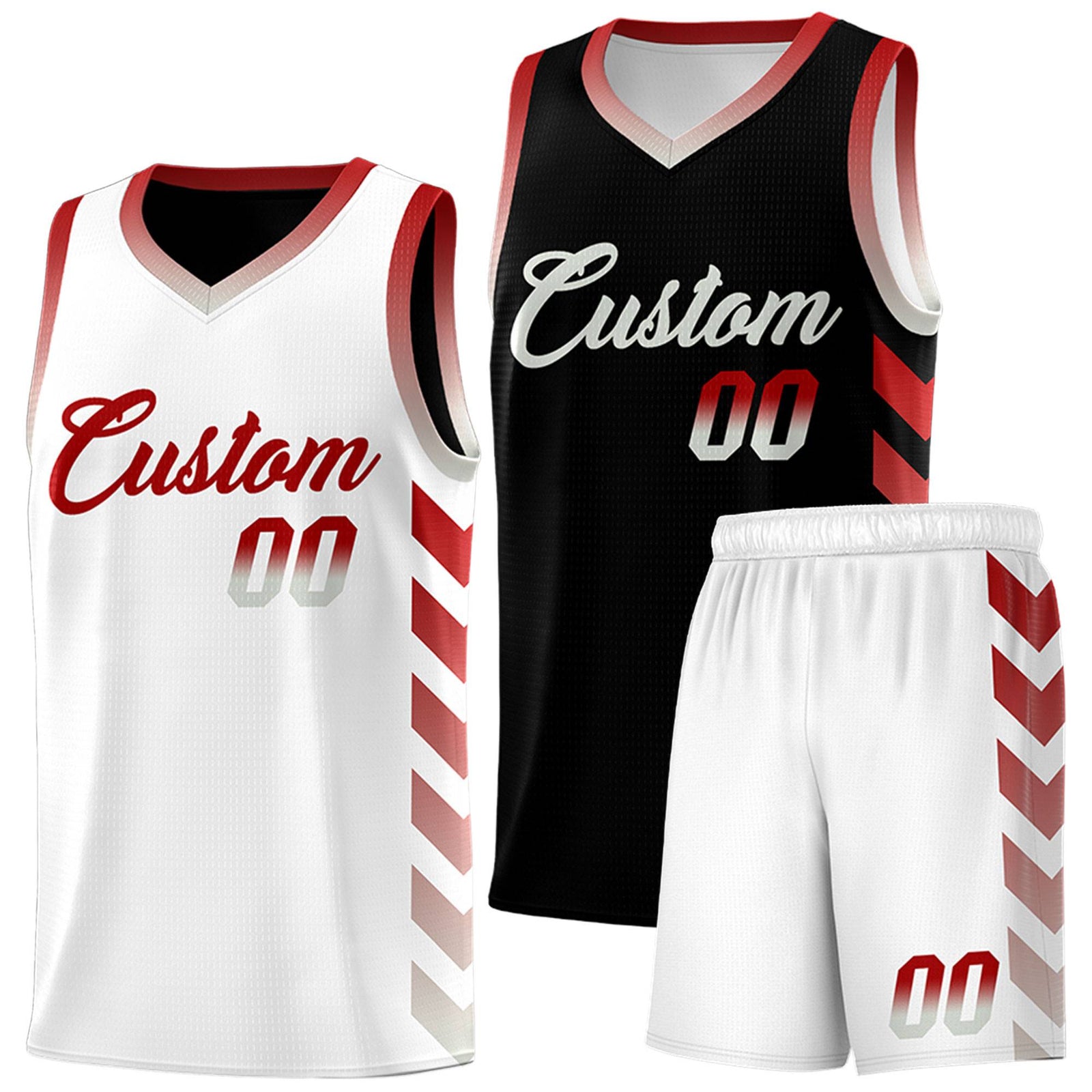 Custom White Black Reversible Basketball Jersey Kits - Side Arrow Red Gray Gradient