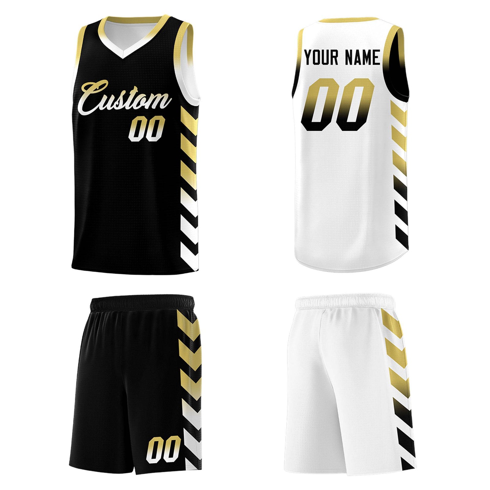 Custom White Black Reversible Basketball Jersey Kits - Side Arrow Old Gold Black Gradient