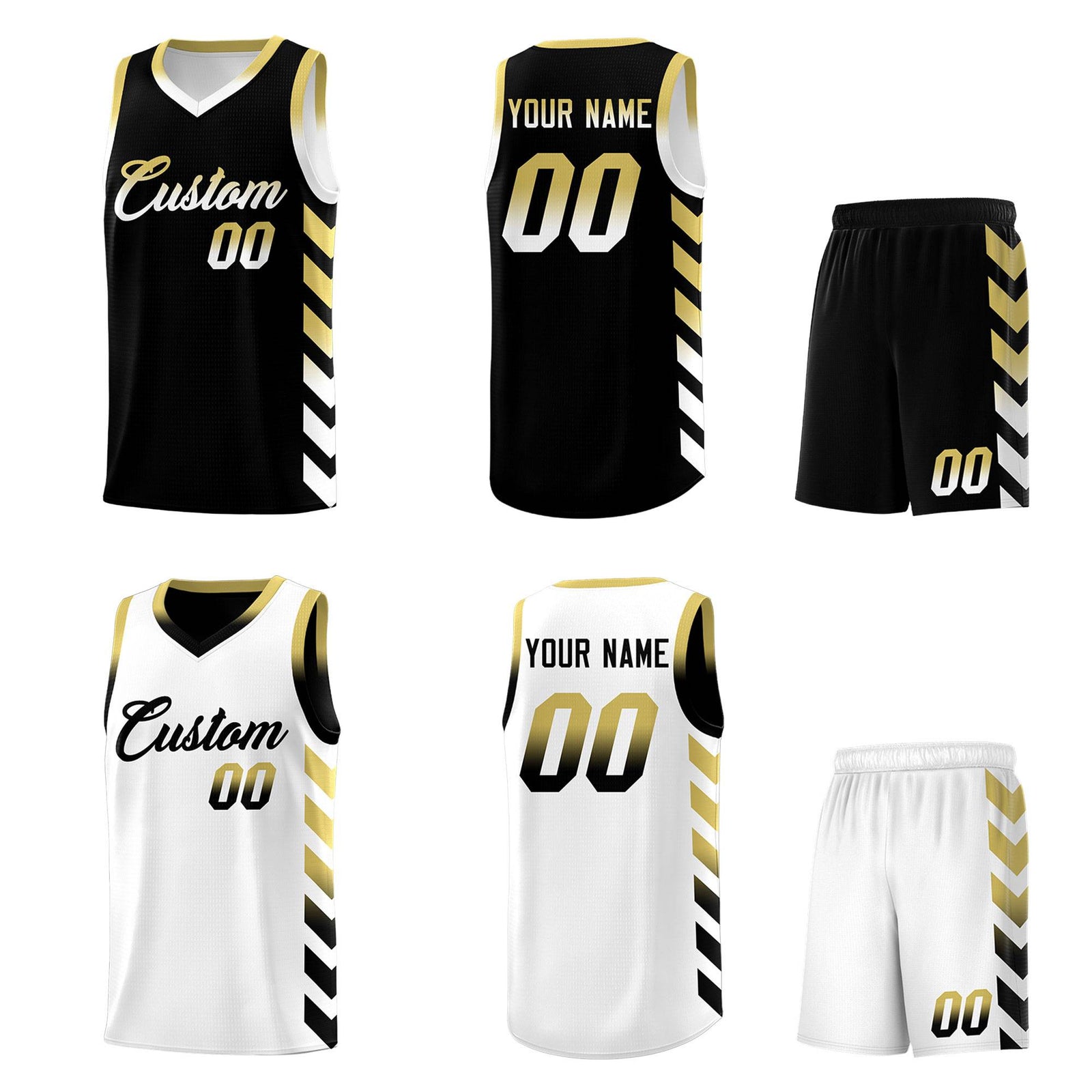 Custom White Black Reversible Basketball Jersey Kits - Side Arrow Old Gold Black Gradient