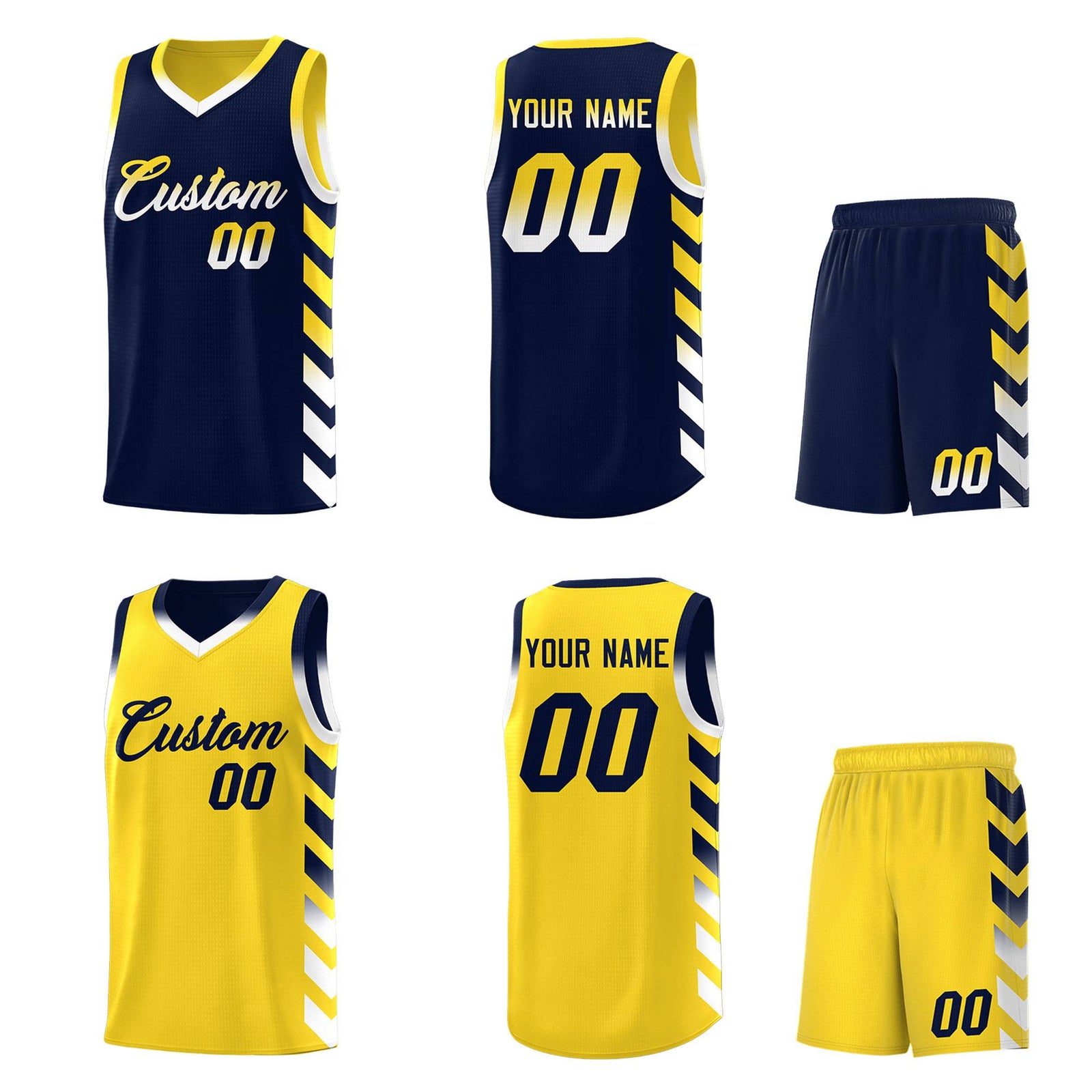 Custom Gold Navy Reversible Basketball Jersey Kits - Side Arrow Navy White Gradient