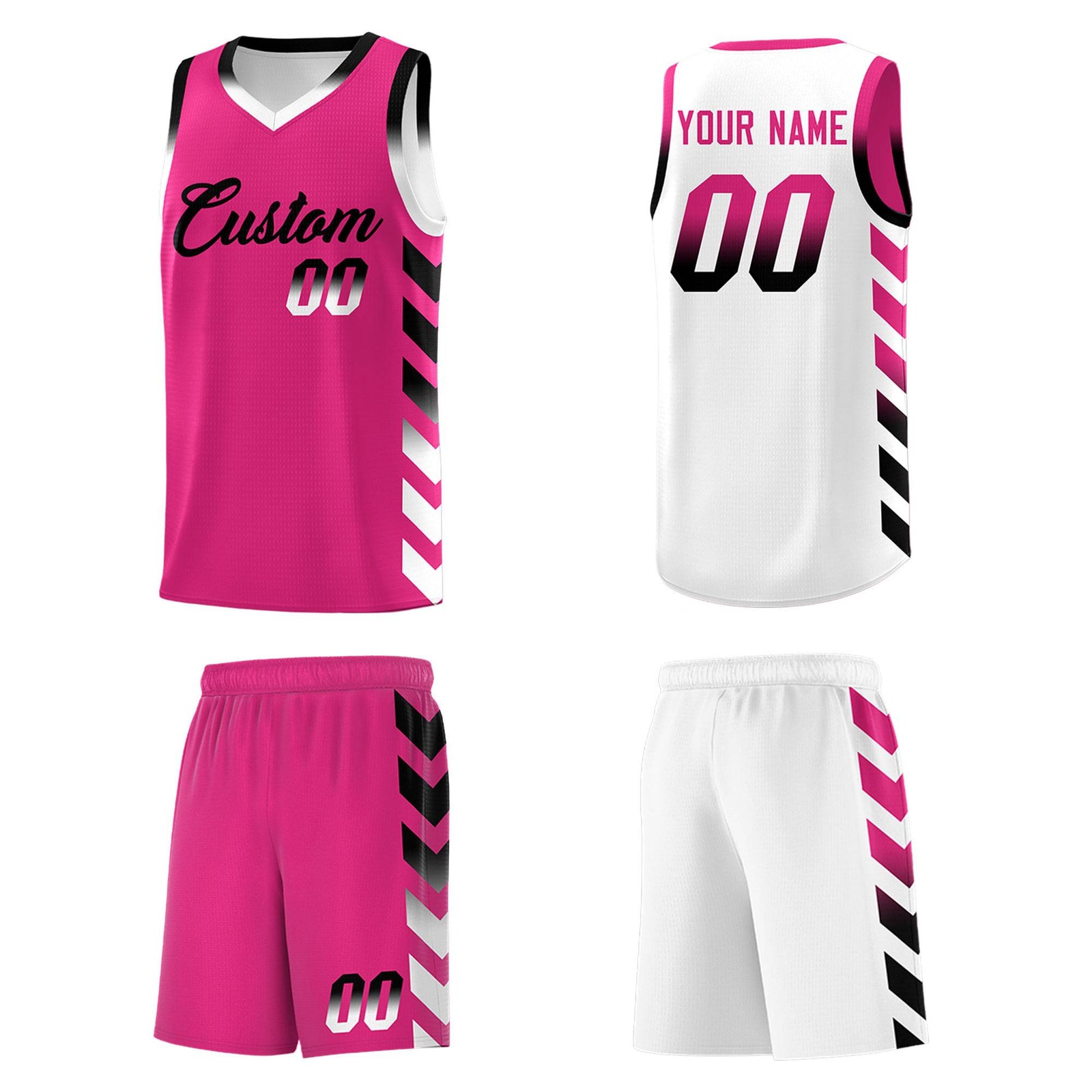 Custom White Pink Reversible Basketball Jersey Kits - Side Arrow Pink Black Gradient