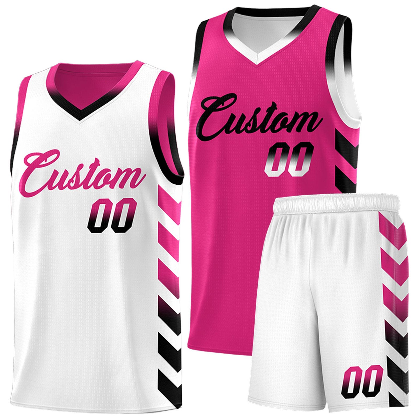 Custom White Pink Reversible Basketball Jersey Kits - Side Arrow Pink Black Gradient