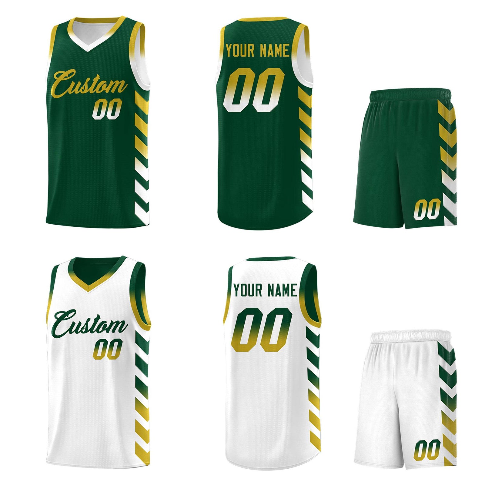Custom White Green Reversible Basketball Jersey Kits - Side Arrow Green Old Gold Gradient