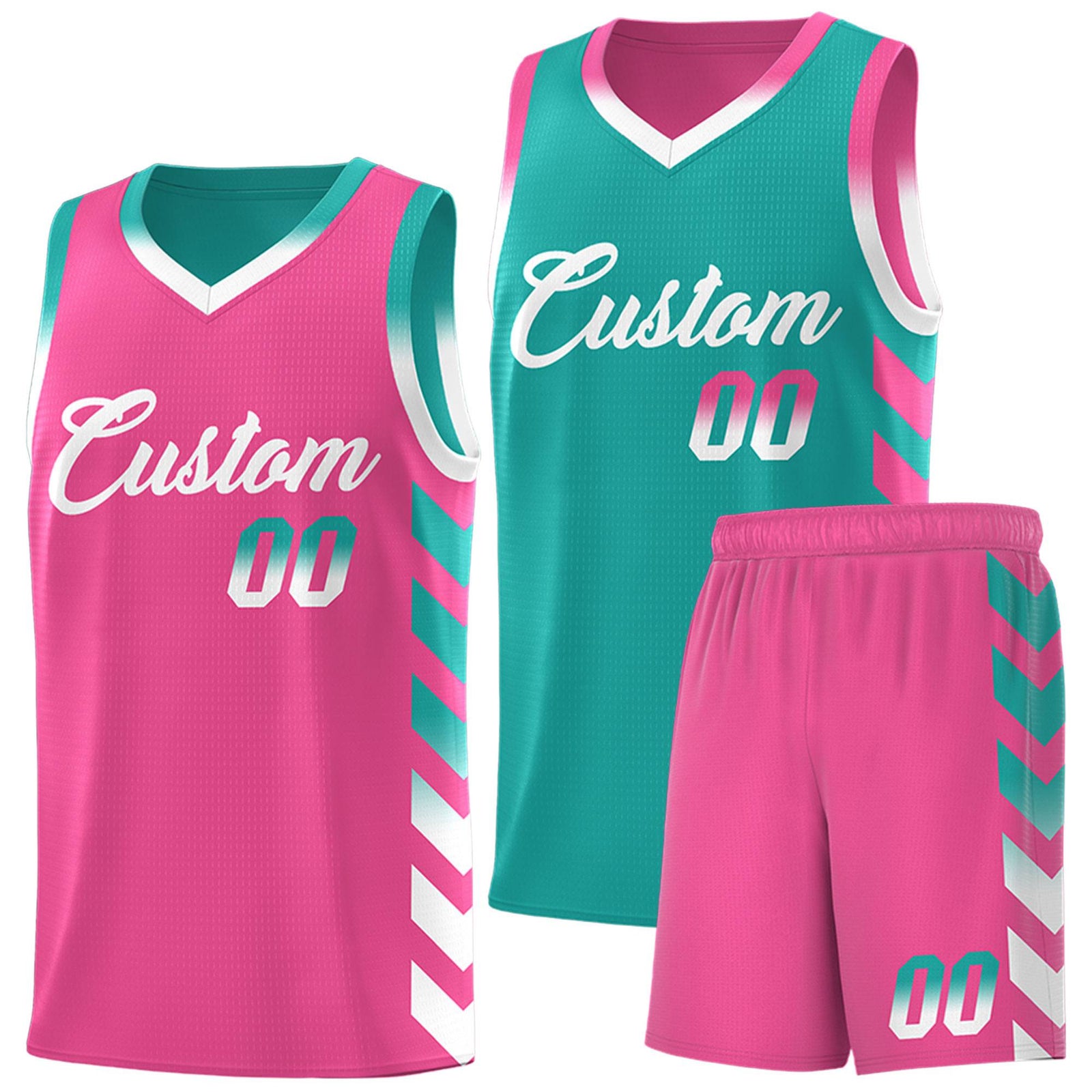 Custom Pink Aqua Reversible Basketball Jersey Kits - Side Arrow Aqua White Gradient