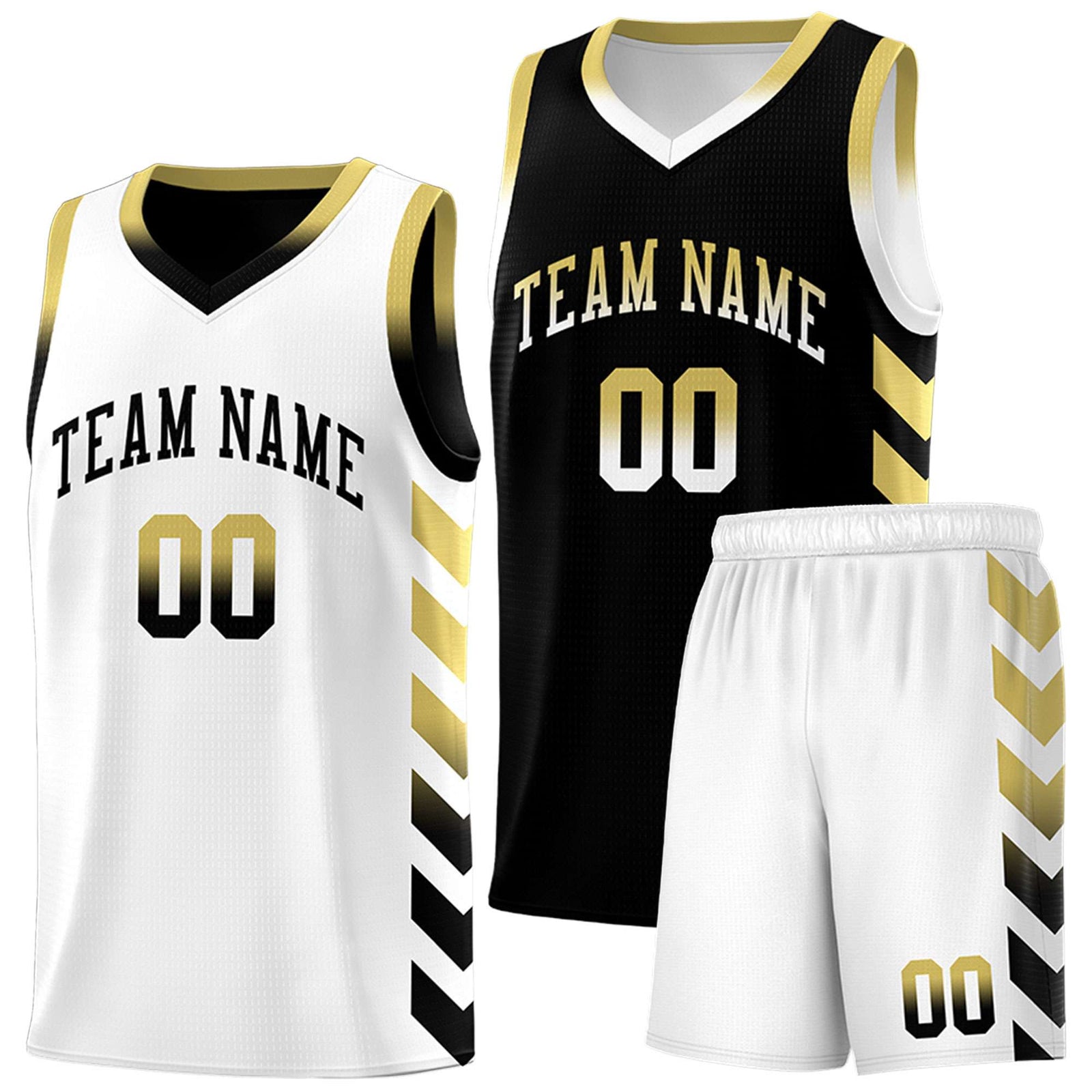 Custom White Black Reversible Basketball Jersey Kits - Side Arrow Old Gold Black Gradient