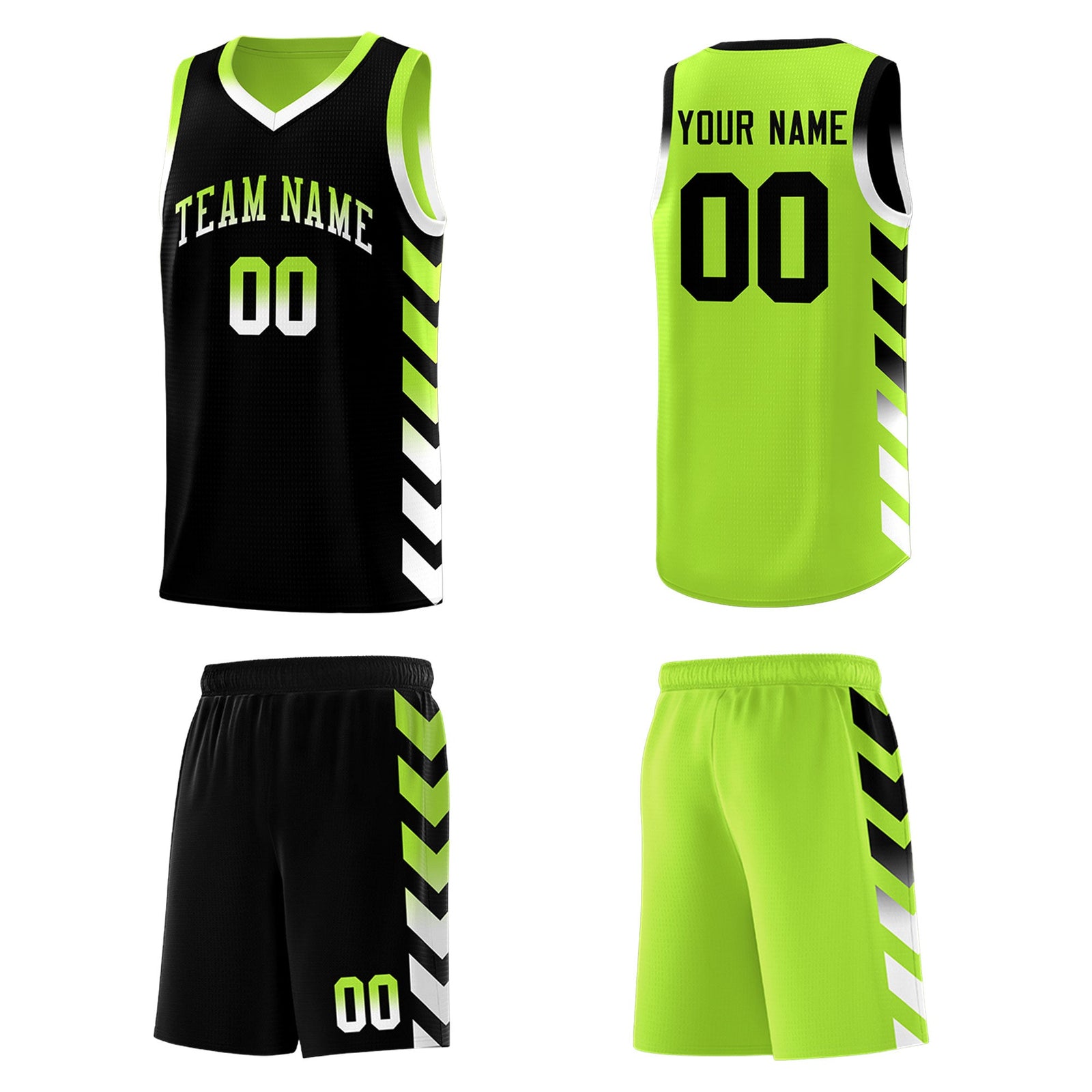 Custom Neon Greed Black Reversible Basketball Jersey Kits - Side Arrow Black White Gradient