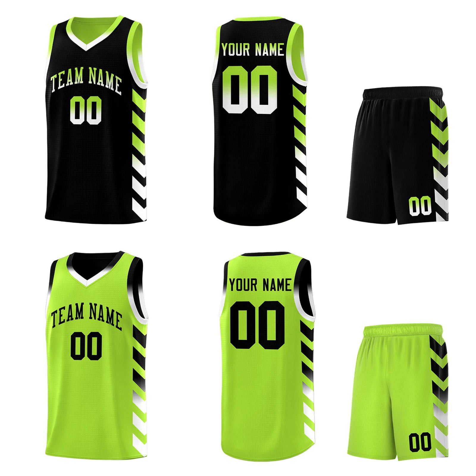 Custom Neon Greed Black Reversible Basketball Jersey Kits - Side Arrow Black White Gradient