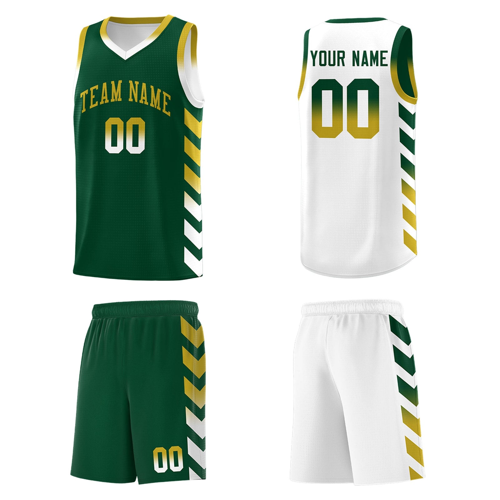 Custom White Green Reversible Basketball Jersey Kits - Side Arrow Green Old Gold Gradient