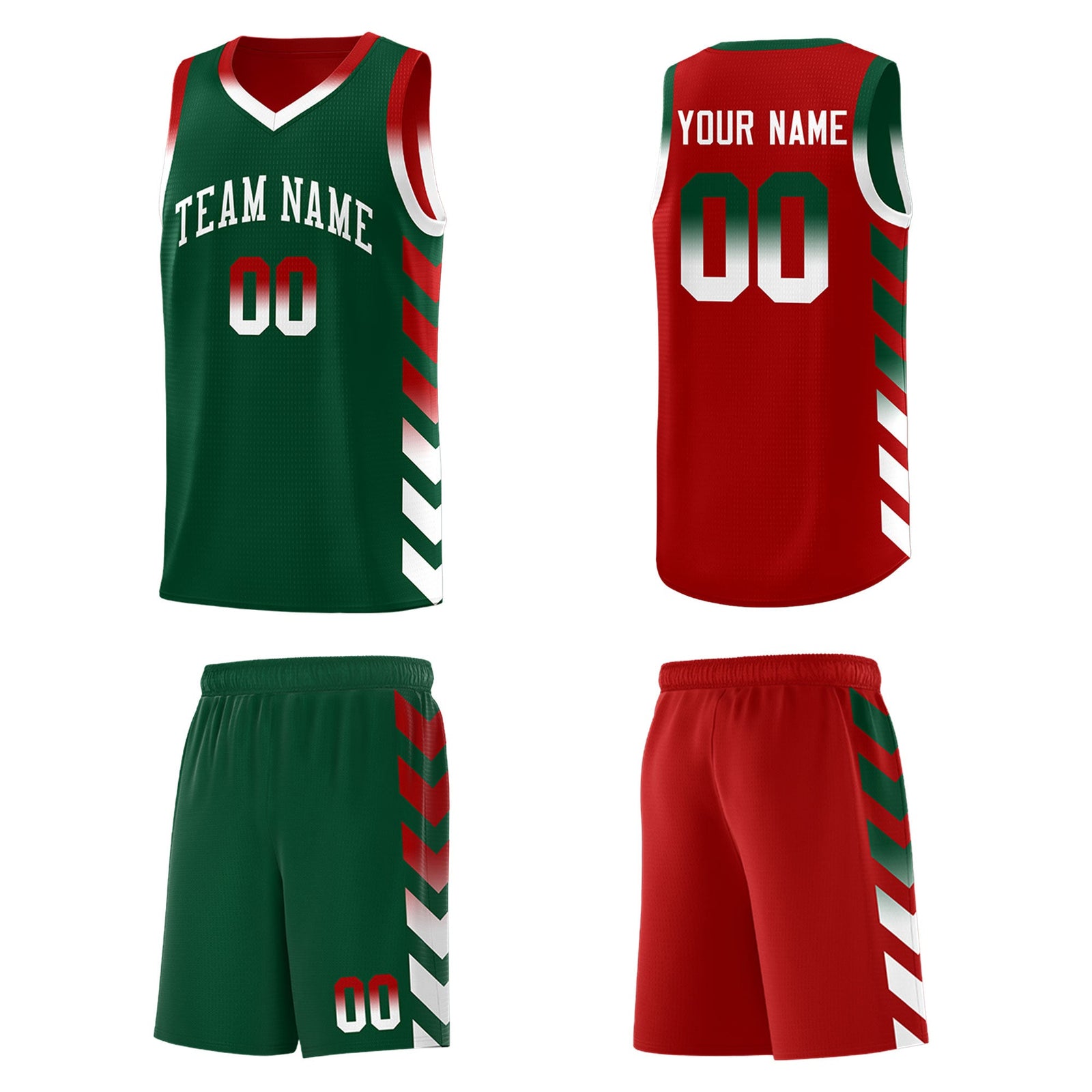 Custom Red Green Reversible Basketball Jersey Kits - Side Arrow Green White Gradient