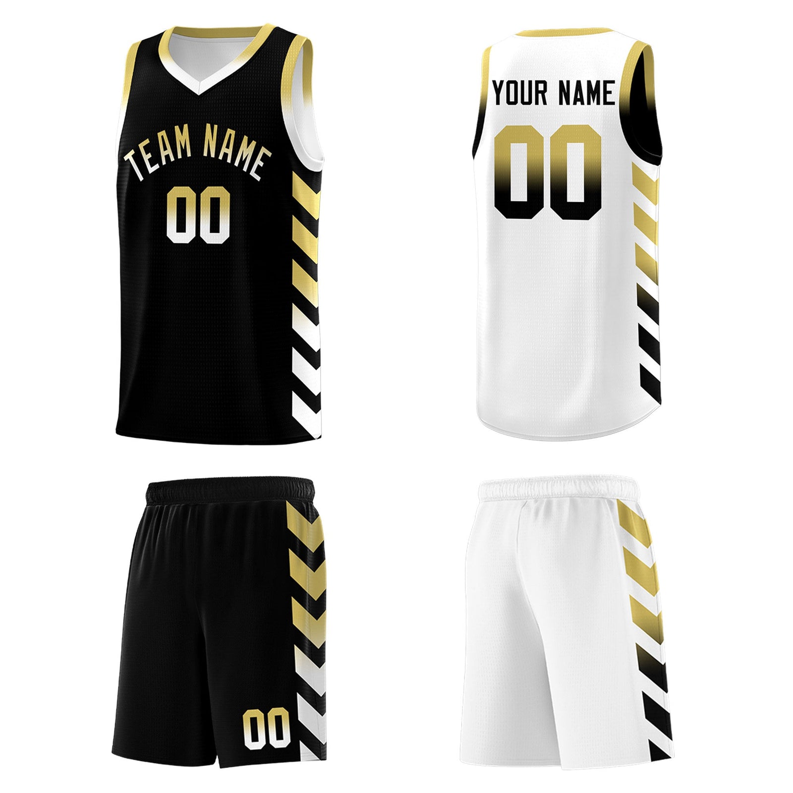 Custom White Black Reversible Basketball Jersey Kits - Side Arrow Old Gold Black Gradient